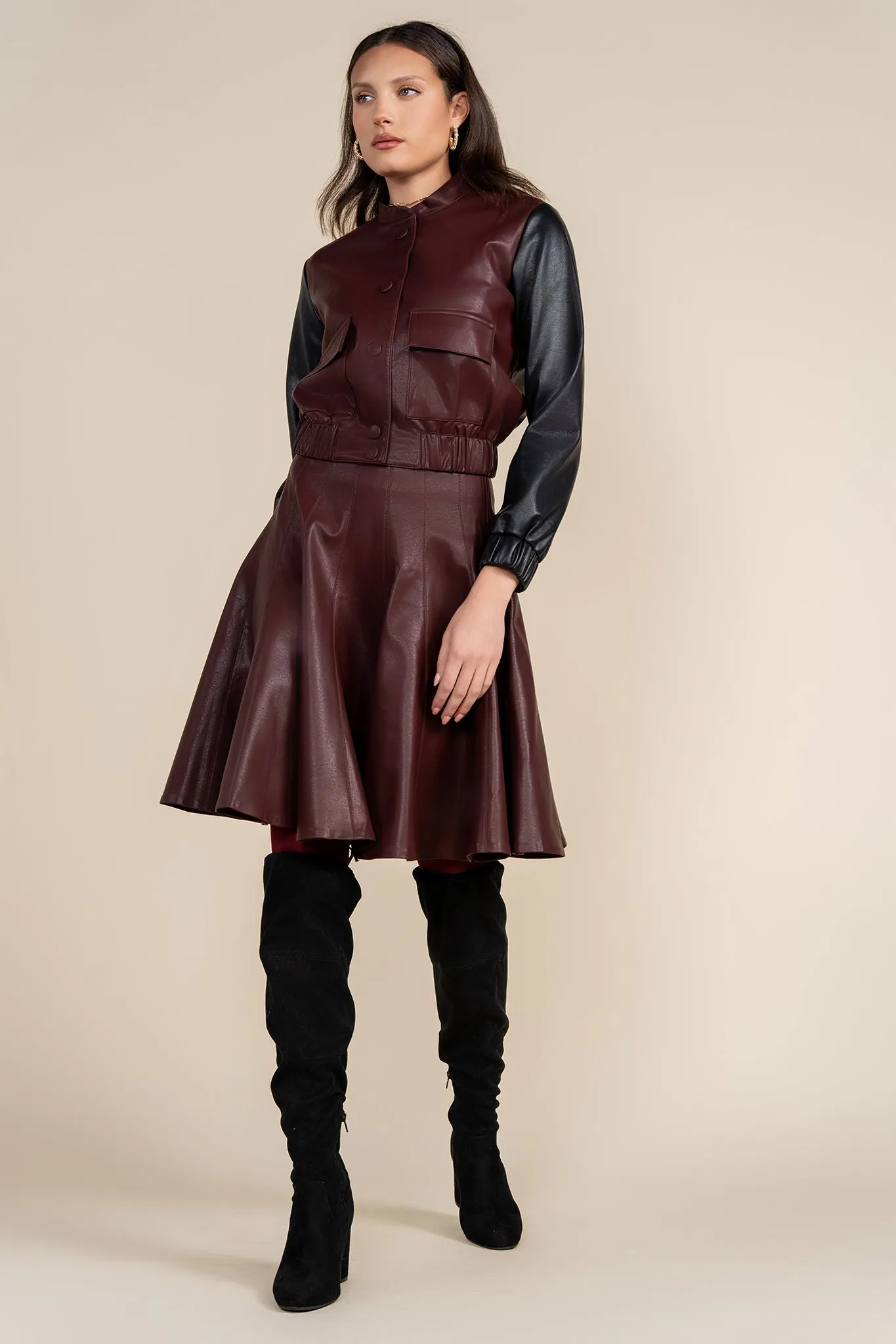 Chloe Leather Panel Skirt in Deep Merlot