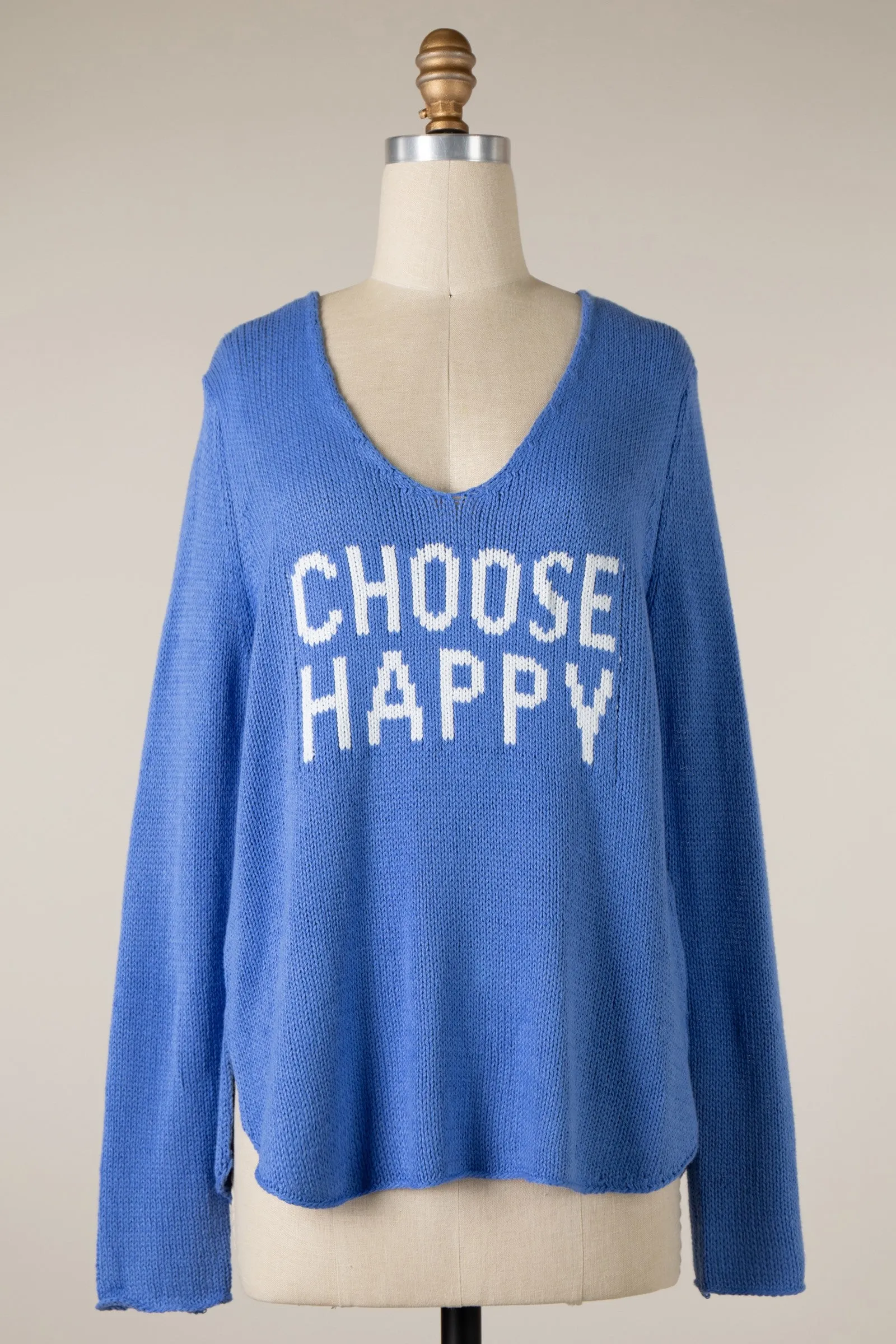 'Choose Happy' Lightweight Knit Sweater - Blue & Ivory