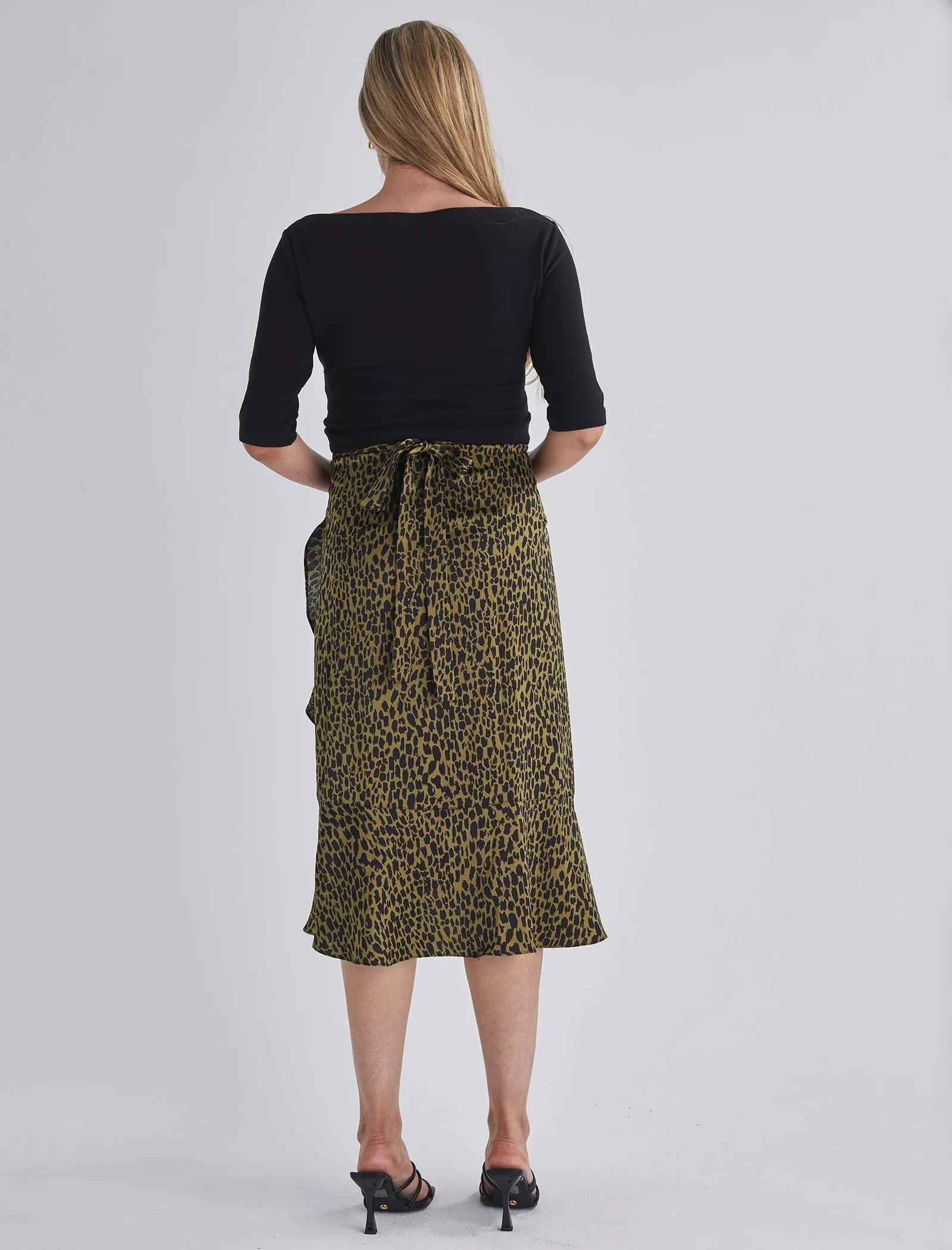 Christie Maternity Wrap Midi Skirt in Khaki Leopard Print