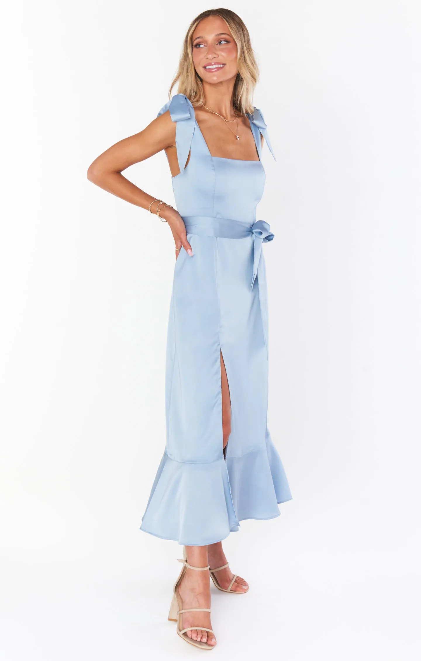 Claire Midi Dress ~ Steel Blue Luxe Satin