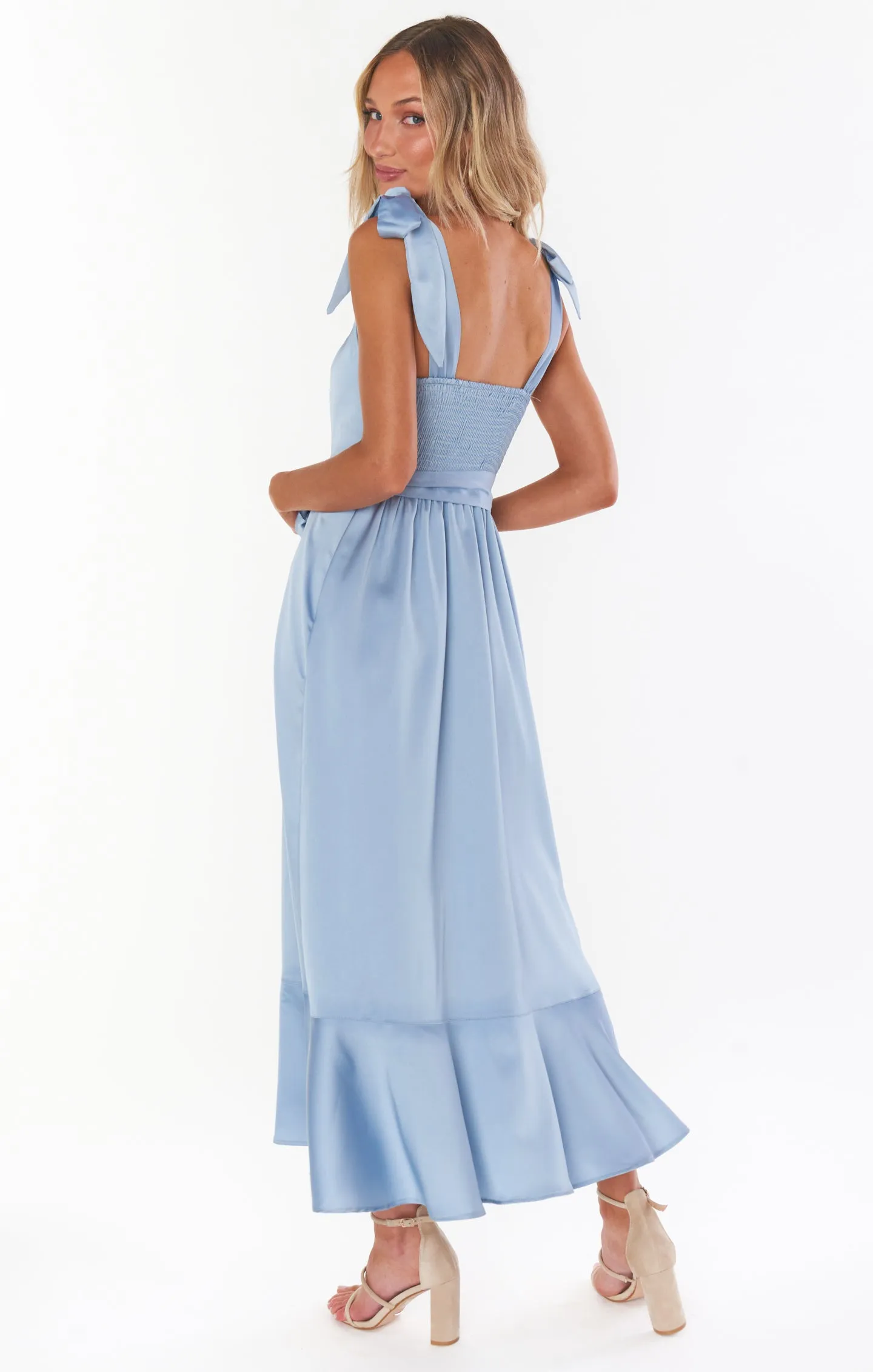 Claire Midi Dress ~ Steel Blue Luxe Satin