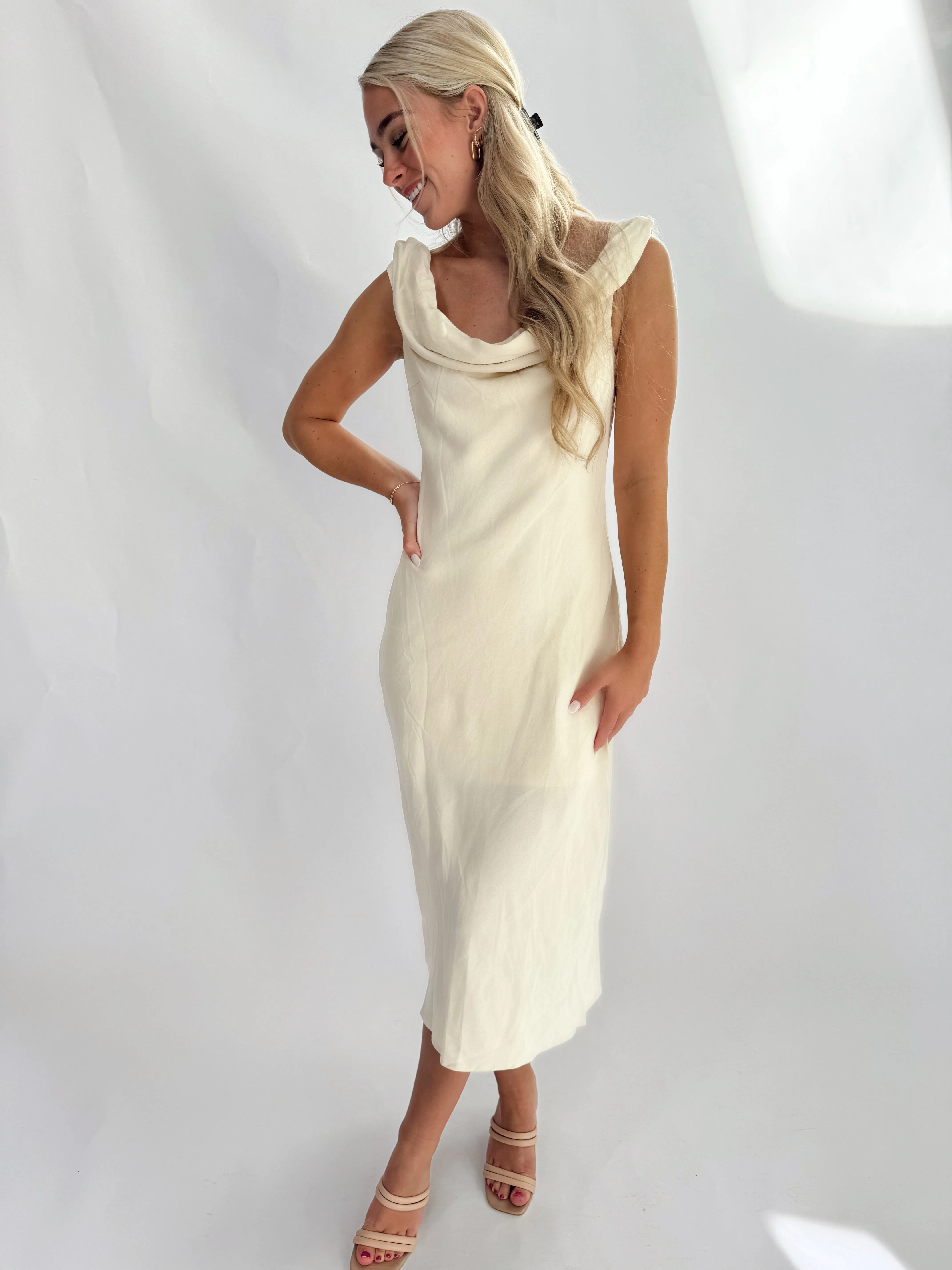 Cream Twisted Midi Dress