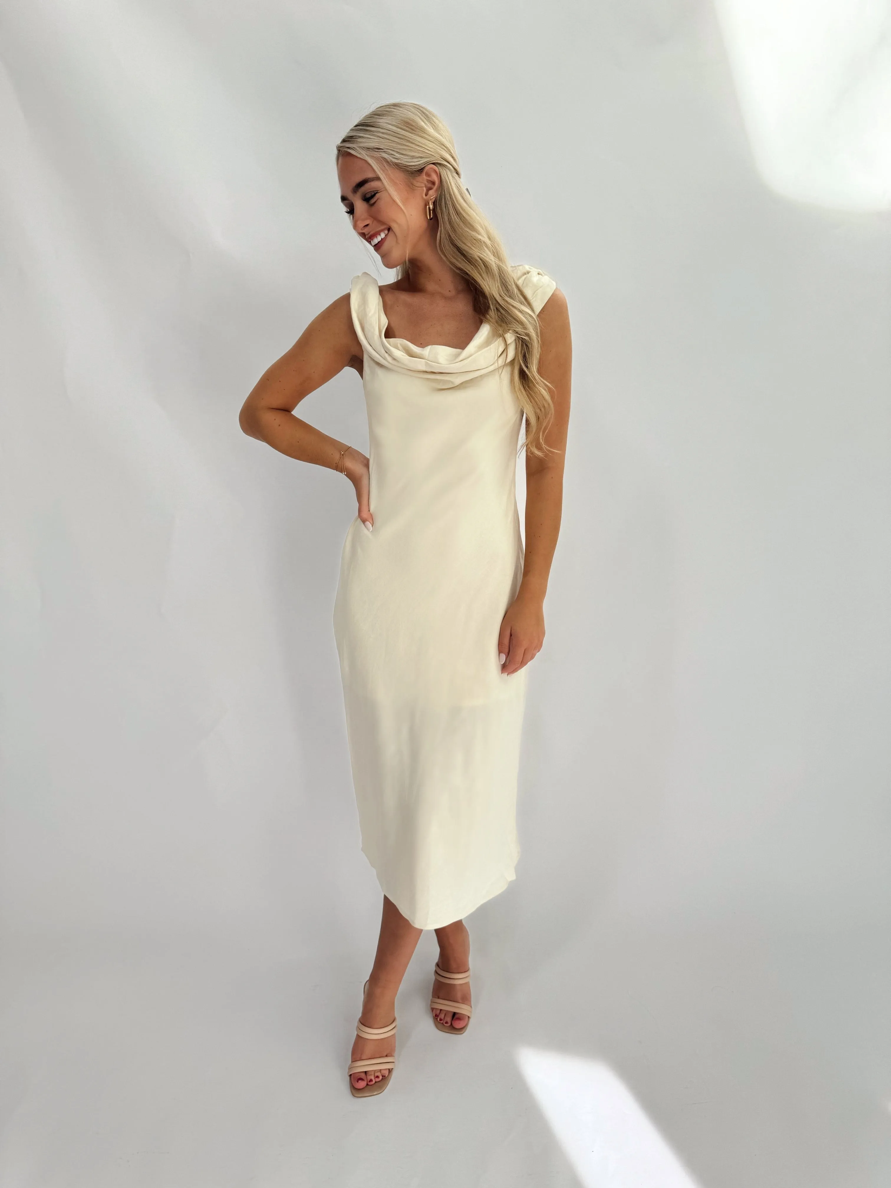 Cream Twisted Midi Dress