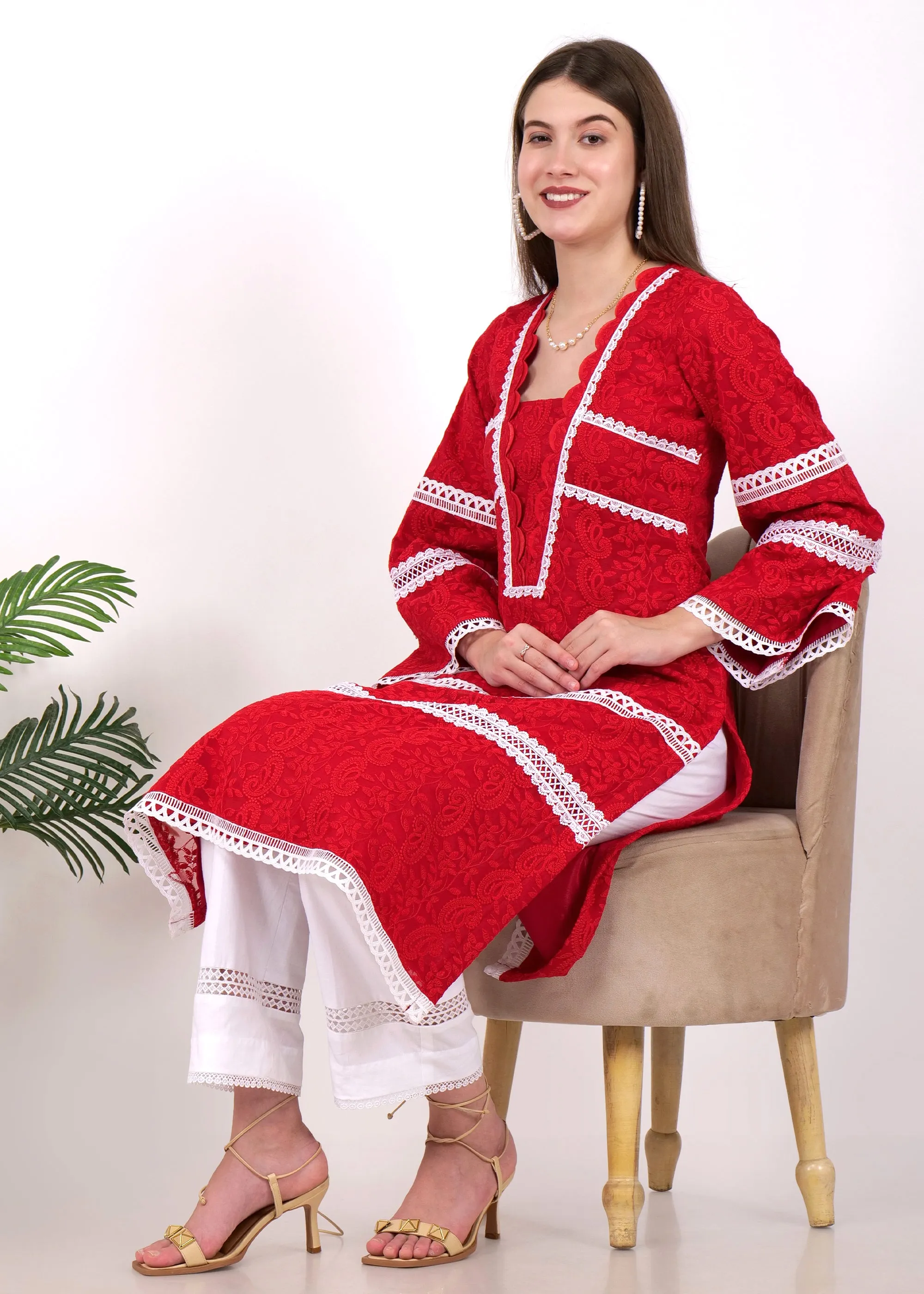 Crimson Red Elegance Embroidered Kurta Set