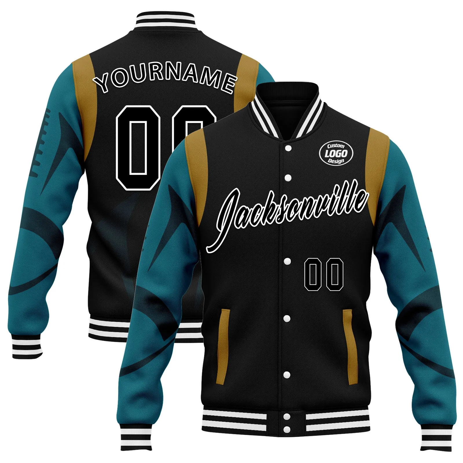 Custom Black Jacksonville Jacket Bomber Full-Snap Varsity Letterman Personalized Jacket FZ005-D025004-17