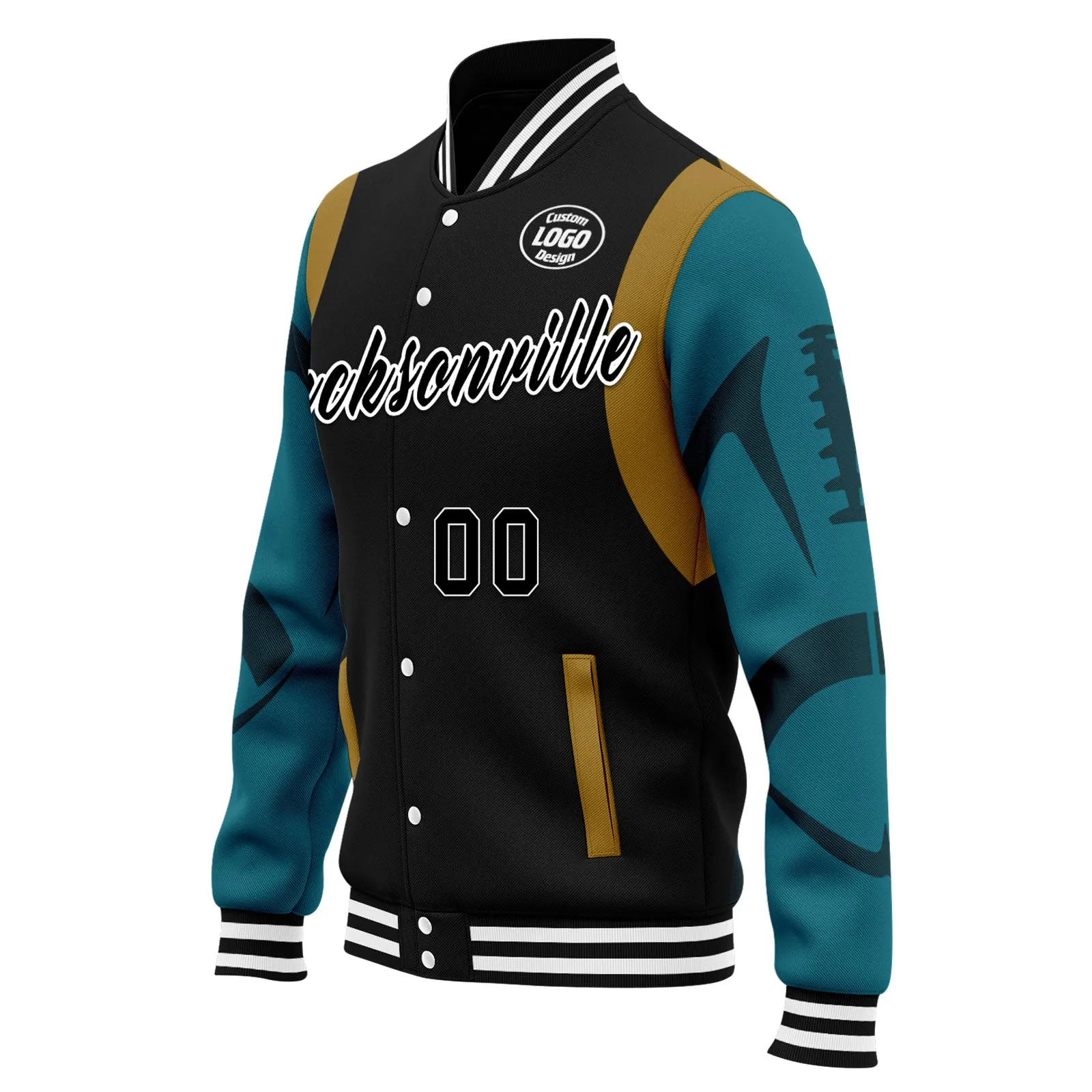 Custom Black Jacksonville Jacket Bomber Full-Snap Varsity Letterman Personalized Jacket FZ005-D025004-17