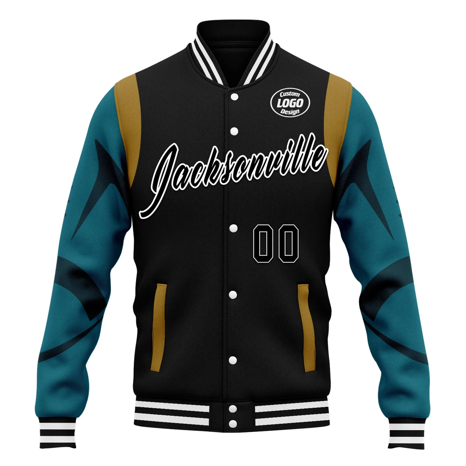 Custom Black Jacksonville Jacket Bomber Full-Snap Varsity Letterman Personalized Jacket FZ005-D025004-17