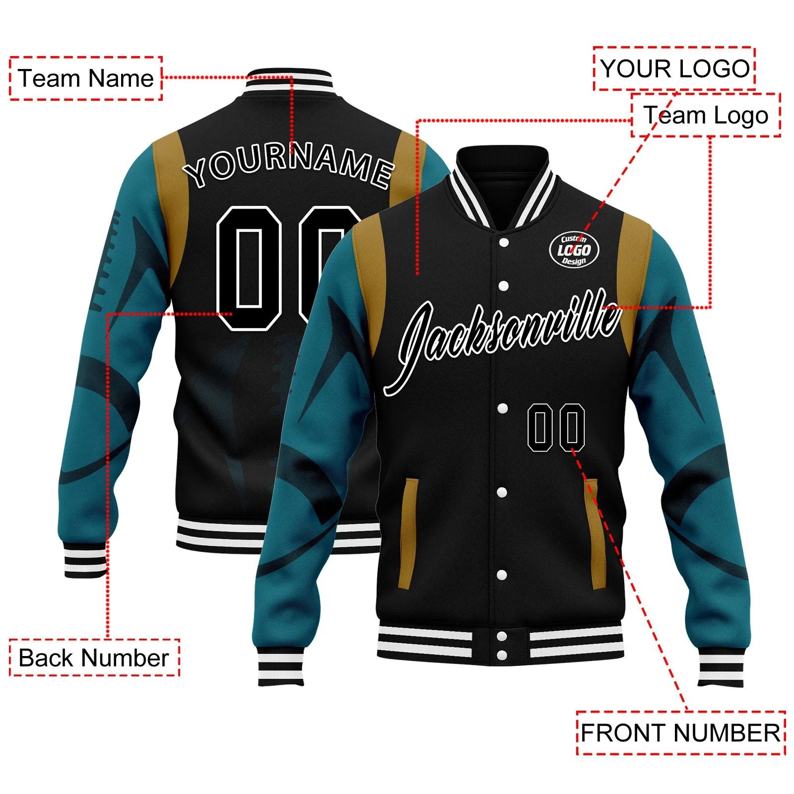 Custom Black Jacksonville Jacket Bomber Full-Snap Varsity Letterman Personalized Jacket FZ005-D025004-17