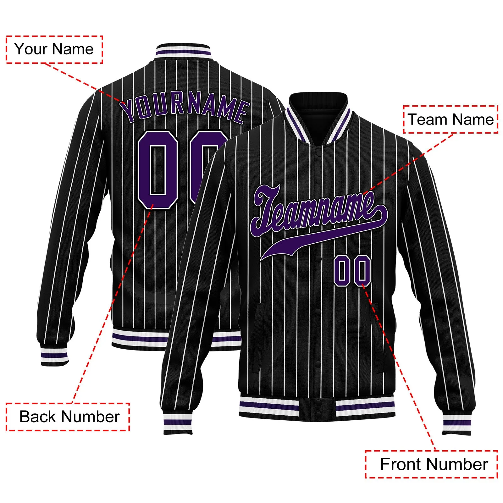 Custom Black White Stripe Fashion Jacket Bomber Full-Snap Varsity Letterman Personalized Jacket FZ005-D020219-9