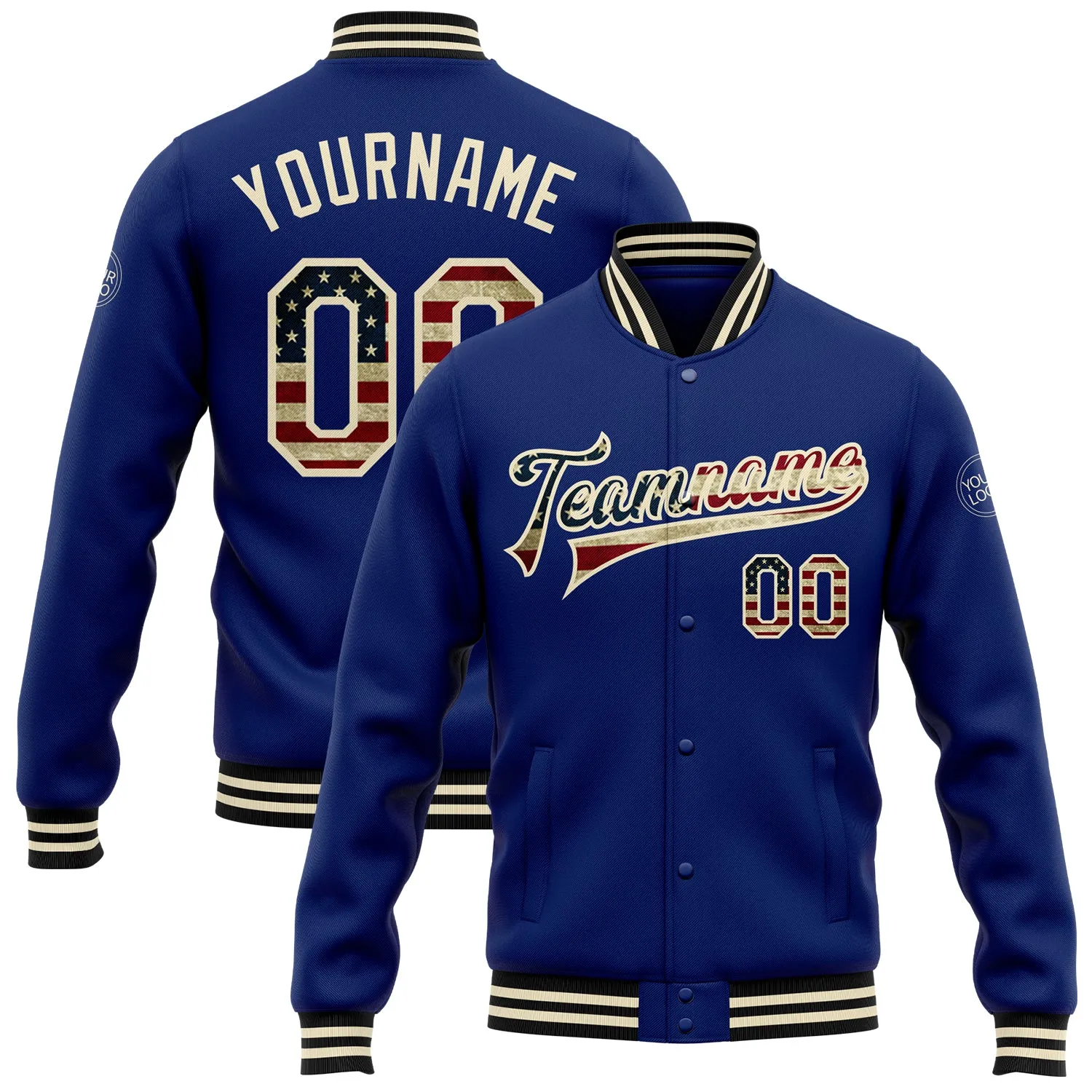 Custom Royal Vintage USA Flag Cream-Black Bomber Full-Snap Varsity Letterman Jacket