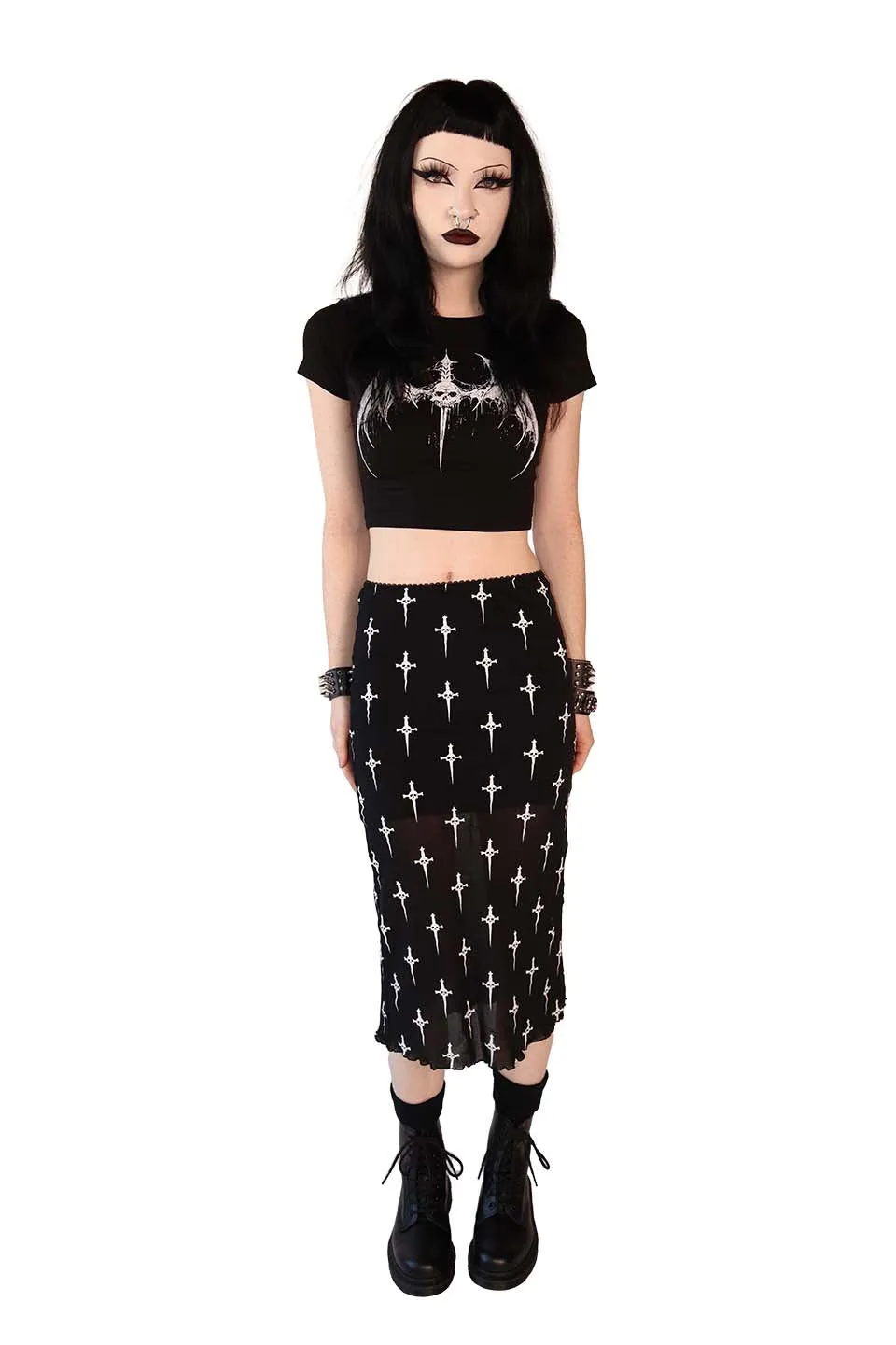 Dagger Print Mesh Midi Skirt