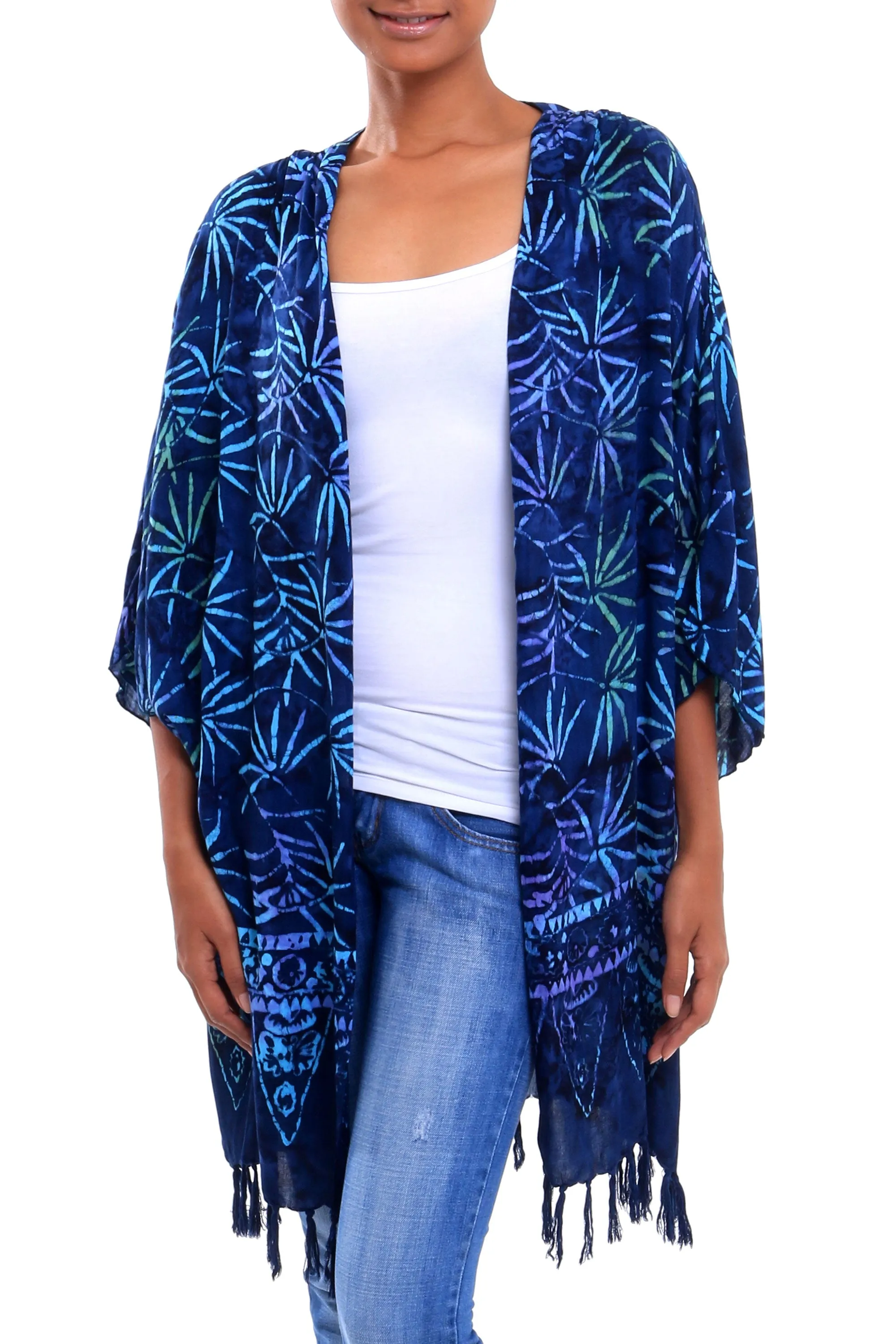 Denpasar Lady in Blue Leaf Motif Batik Rayon Kimono Jacket in Blue from Bali