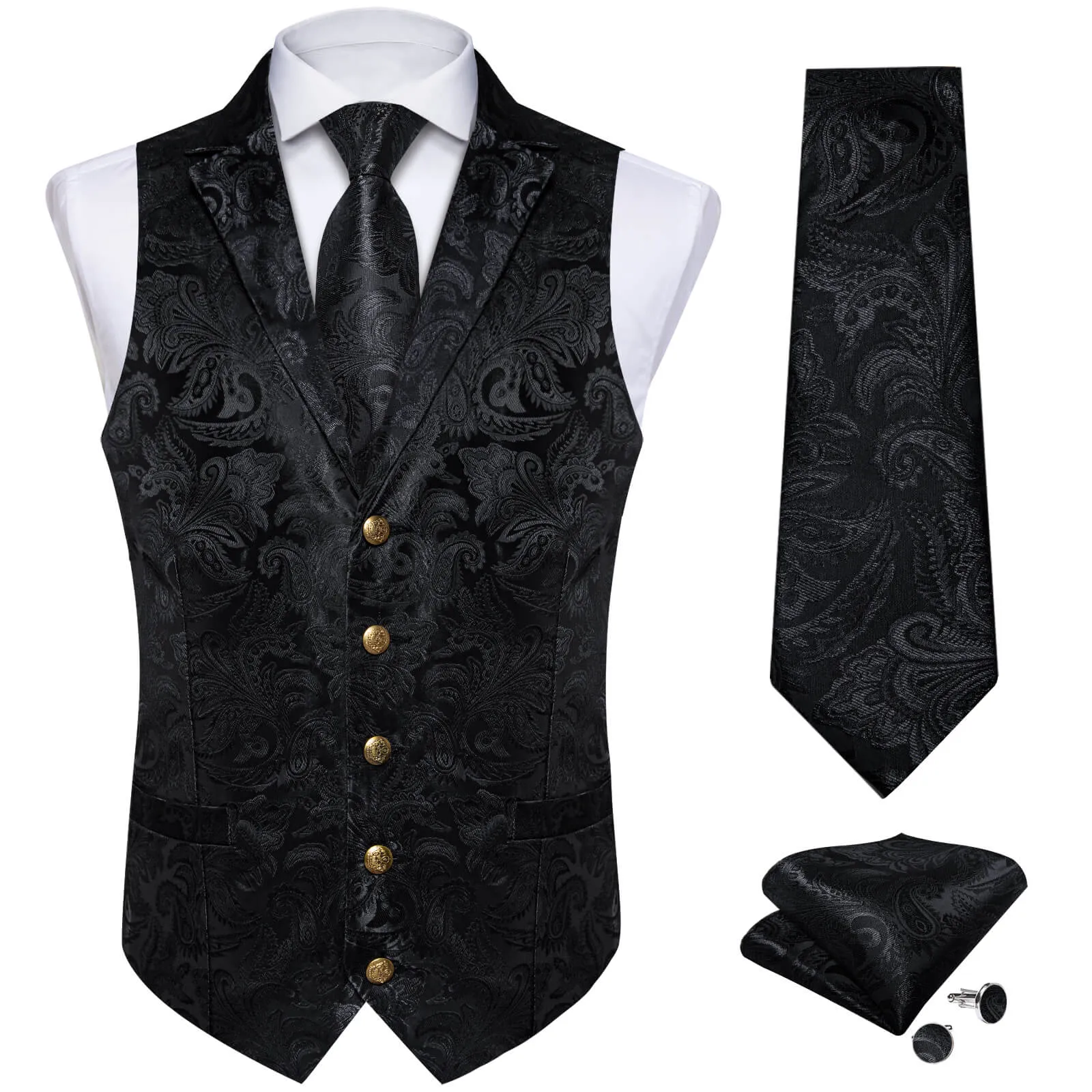 DiBanGu Men's Vest Midnight Black Woven Floral Silk Suit Vest Tie Set