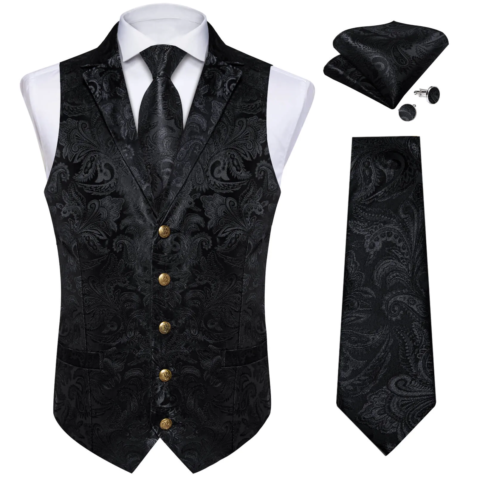 DiBanGu Men's Vest Midnight Black Woven Floral Silk Suit Vest Tie Set