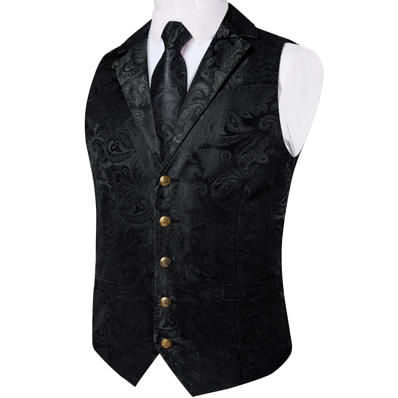 DiBanGu Men's Vest Midnight Black Woven Floral Silk Suit Vest Tie Set