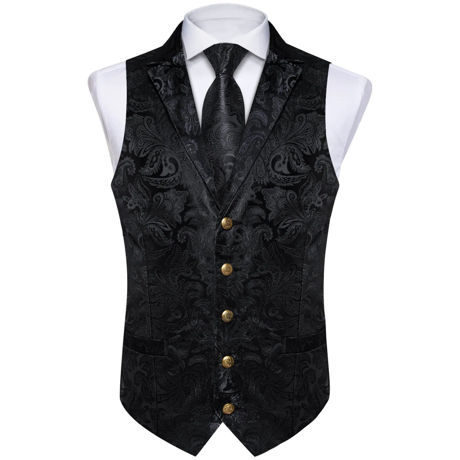 DiBanGu Men's Vest Midnight Black Woven Floral Silk Suit Vest Tie Set