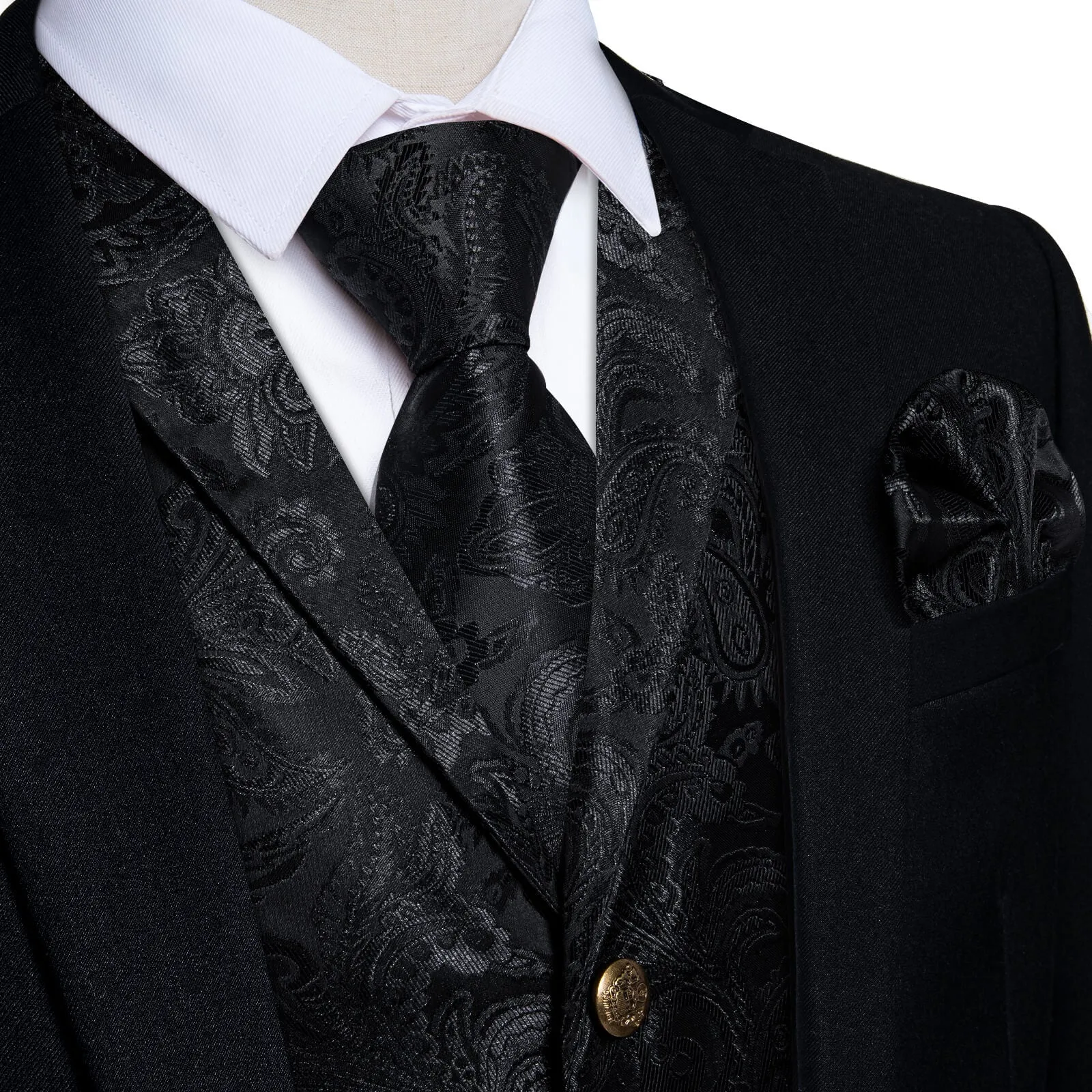 DiBanGu Men's Vest Midnight Black Woven Floral Silk Suit Vest Tie Set