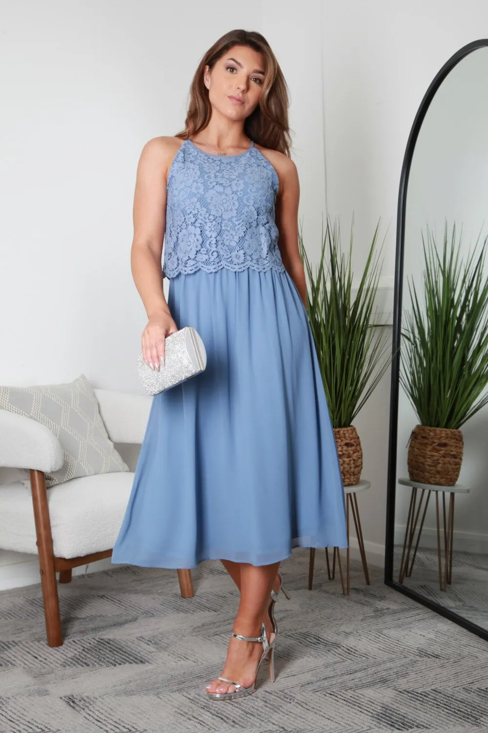 Double Second Blue Halter Neck Lace Layer Dress