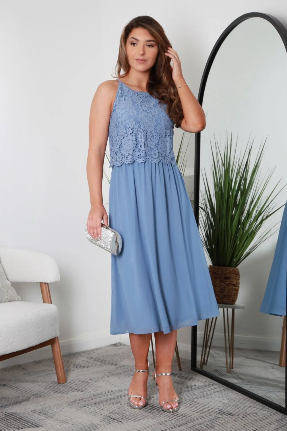 Double Second Blue Halter Neck Lace Layer Dress