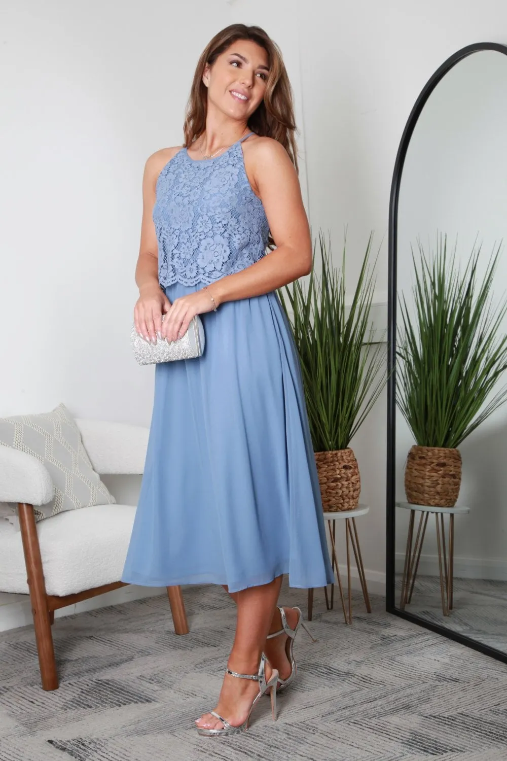 Double Second Blue Halter Neck Lace Layer Dress