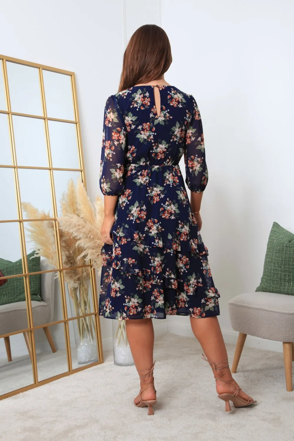 Double Second Printed Navy Wrap With Tiered Frill Detail