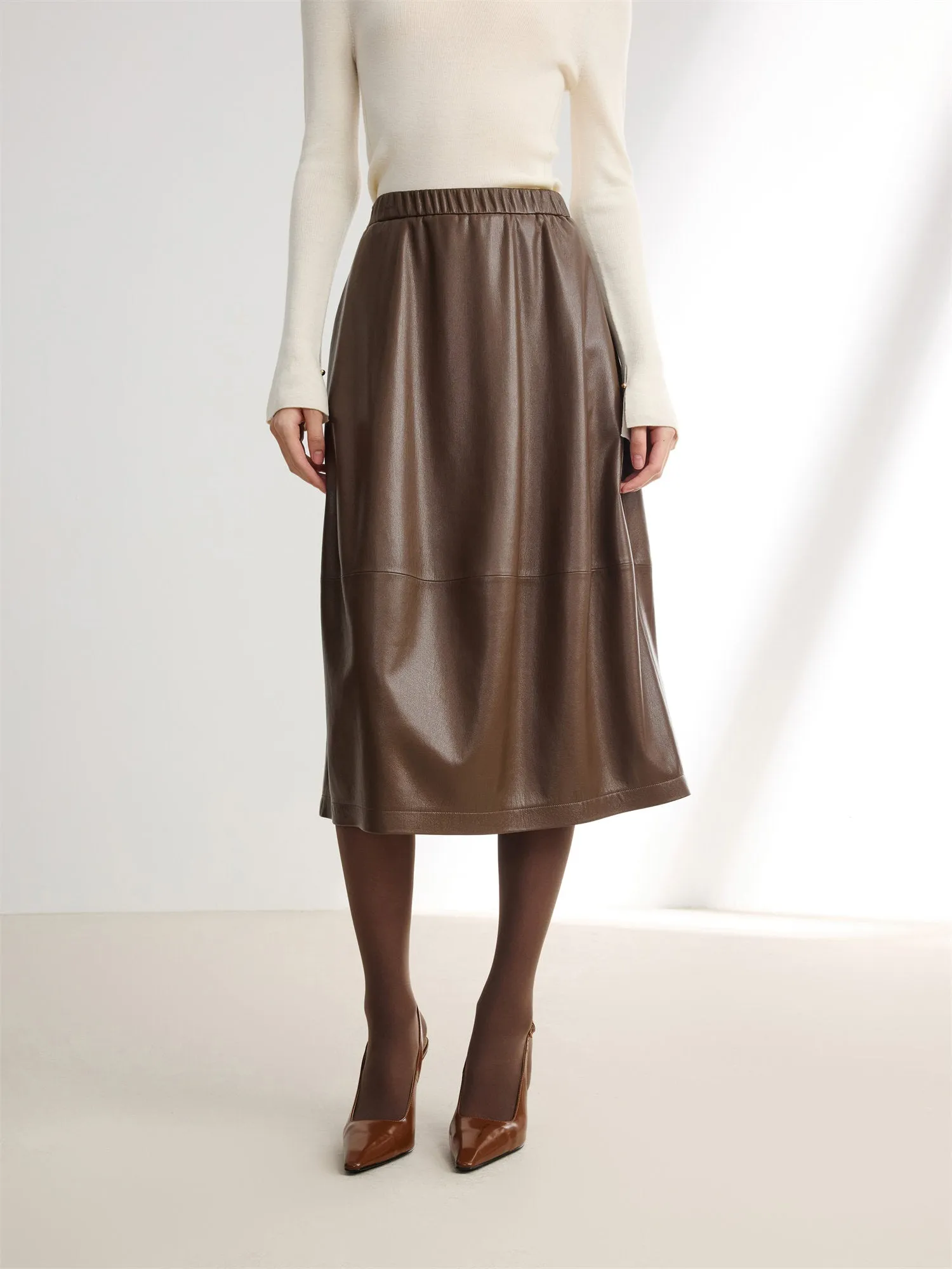 EP YAYING Textured PU Leather Midi Skirt