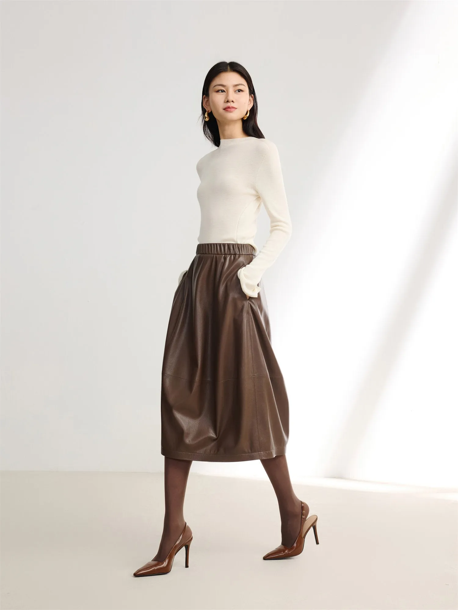 EP YAYING Textured PU Leather Midi Skirt