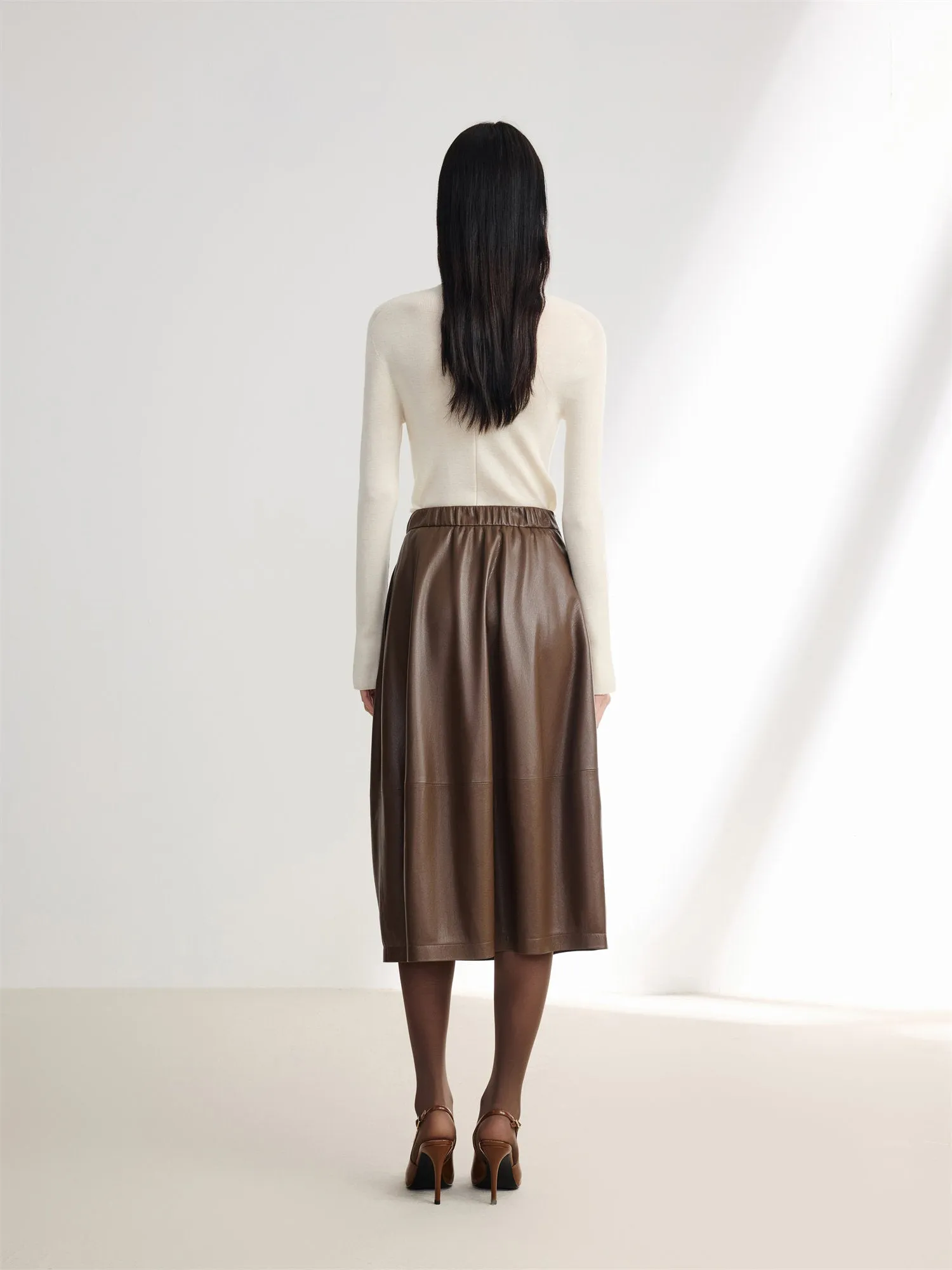 EP YAYING Textured PU Leather Midi Skirt