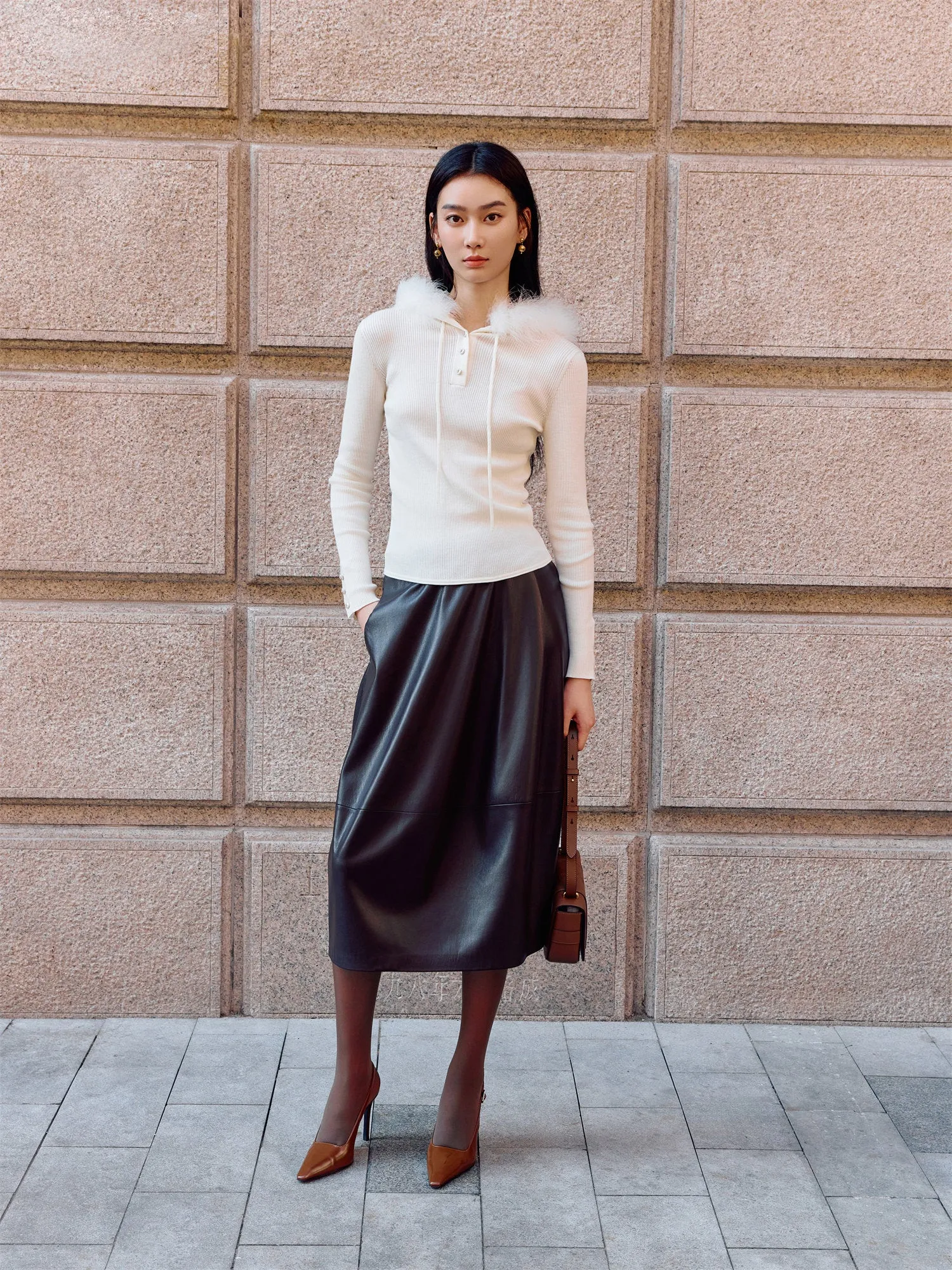 EP YAYING Textured PU Leather Midi Skirt