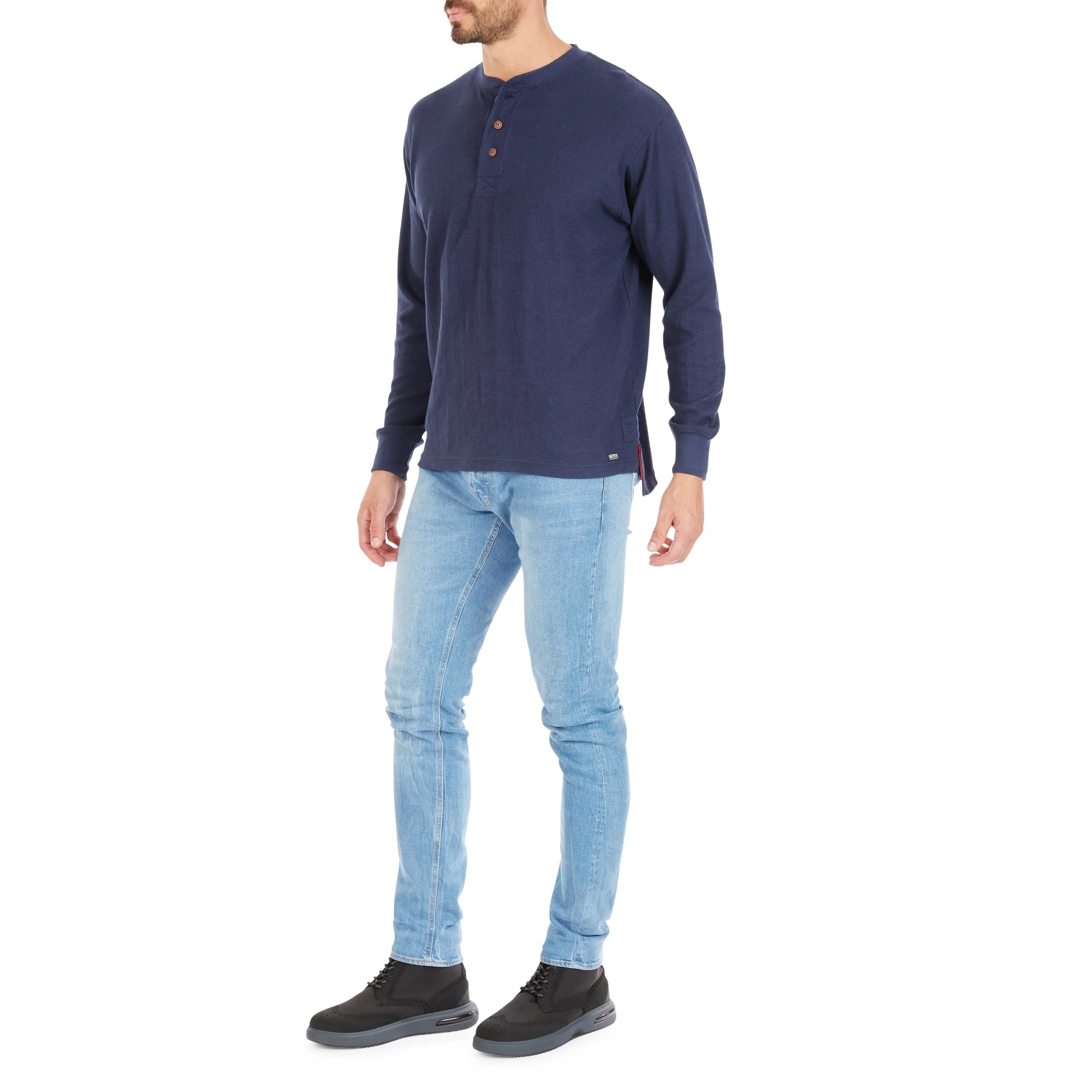 EXTENDED TAIL MINI-THERMAL KNIT HENLEY PULLOVER WITH GUSSET