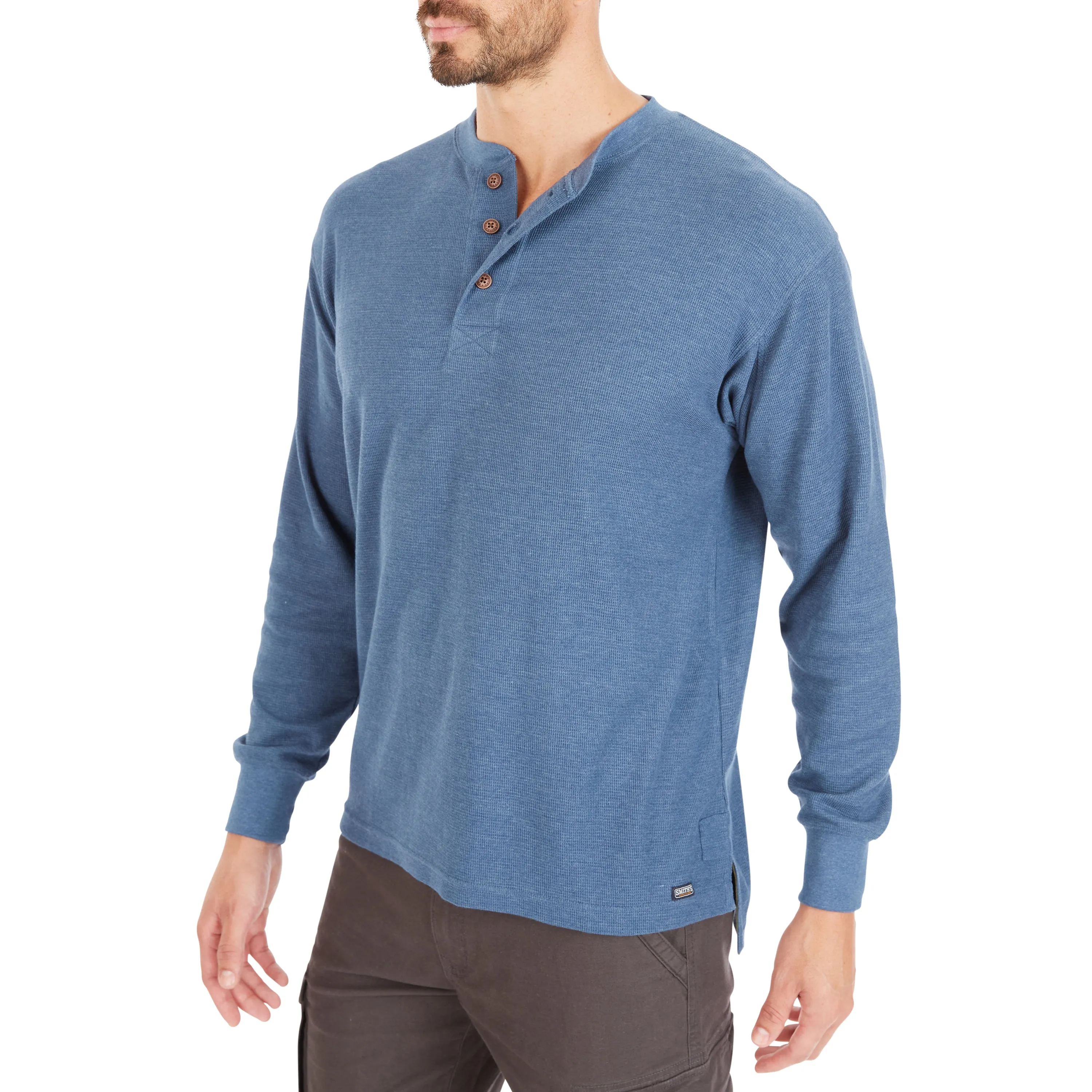 EXTENDED TAIL MINI-THERMAL KNIT HENLEY PULLOVER WITH GUSSET