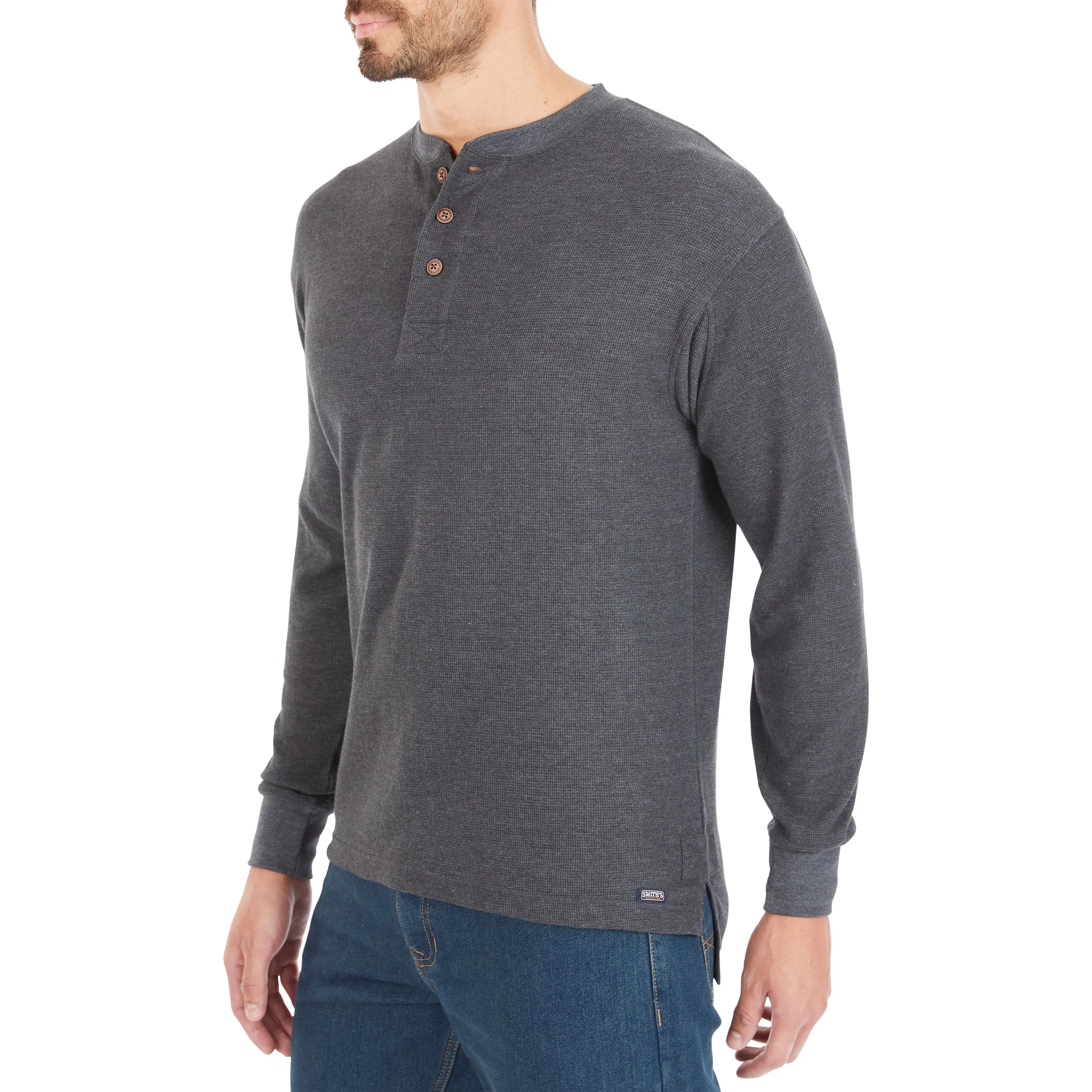 EXTENDED TAIL MINI-THERMAL KNIT HENLEY PULLOVER WITH GUSSET