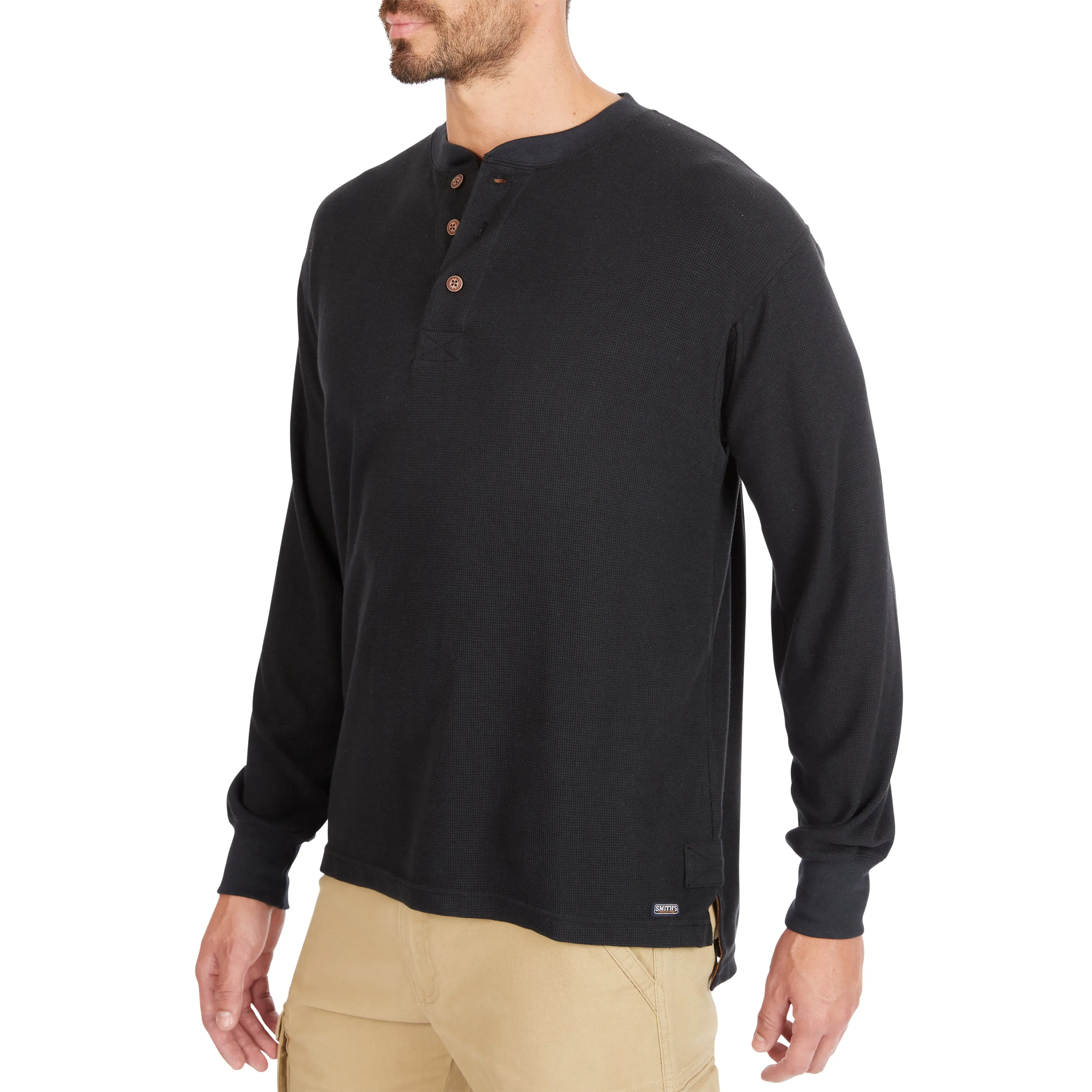 EXTENDED TAIL MINI-THERMAL KNIT HENLEY PULLOVER WITH GUSSET