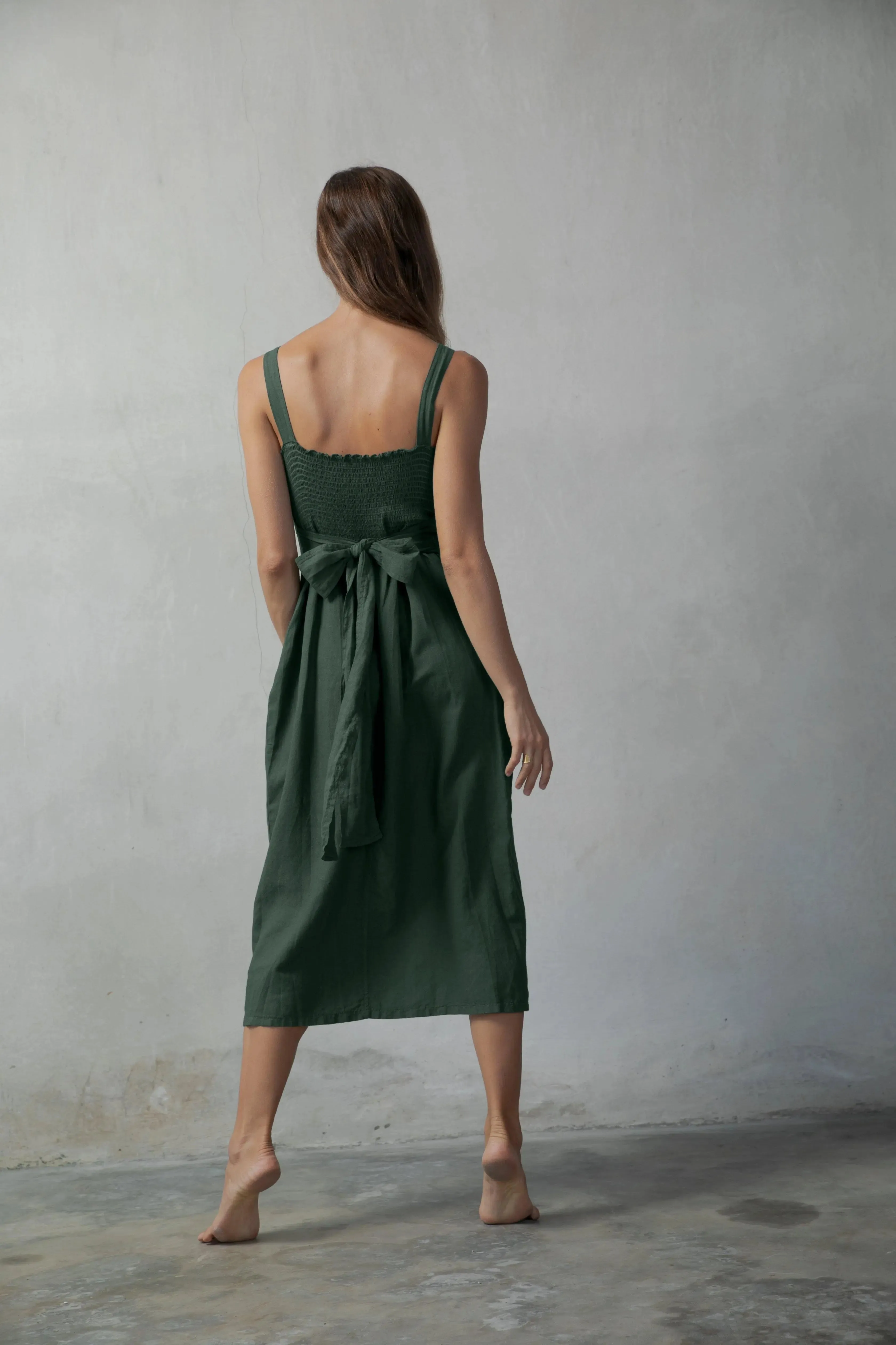 Farfalla Linen Midi Dress Forest Green