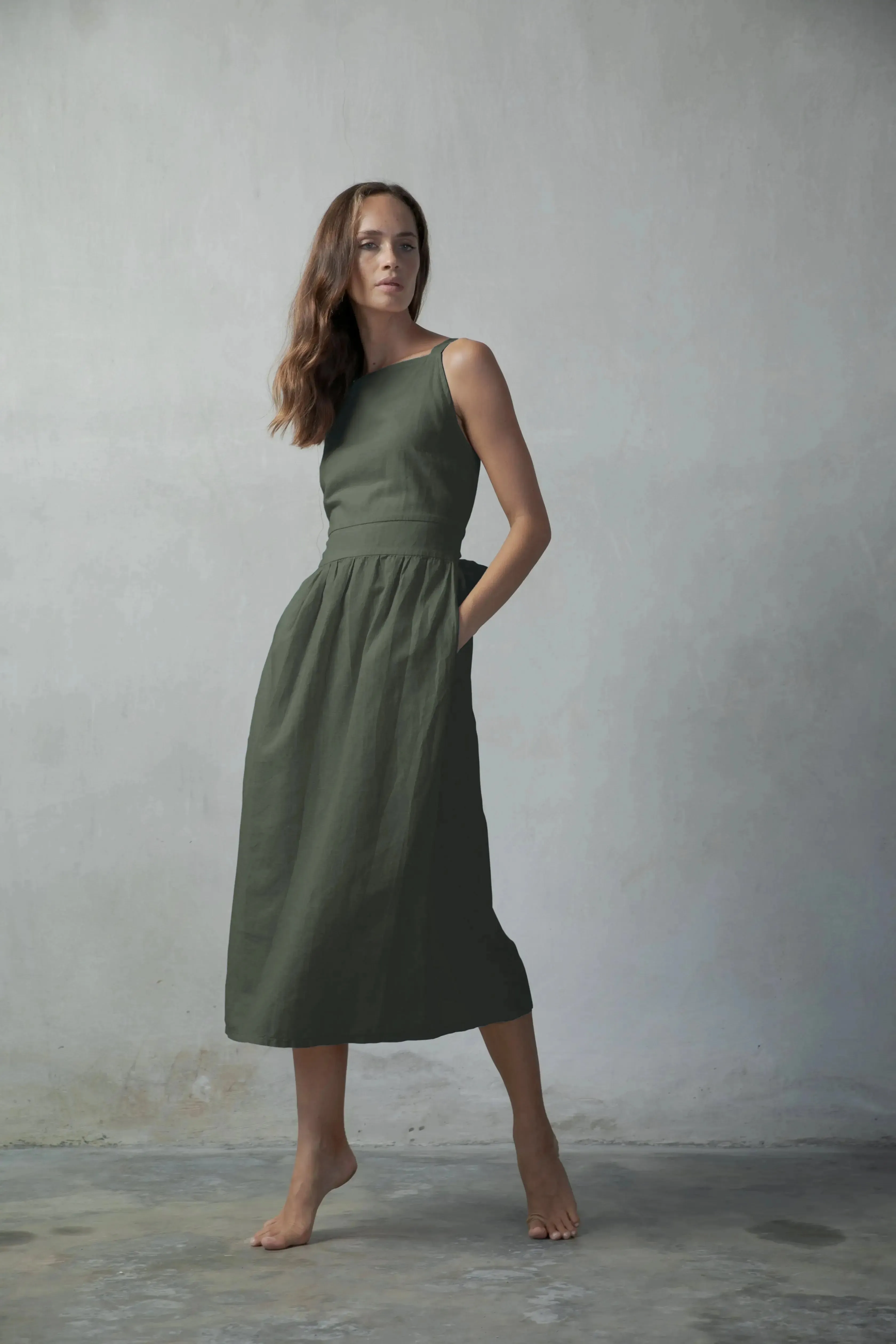 Farfalla Linen Midi Dress Khaki