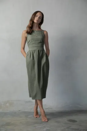 Farfalla Linen Midi Dress Khaki