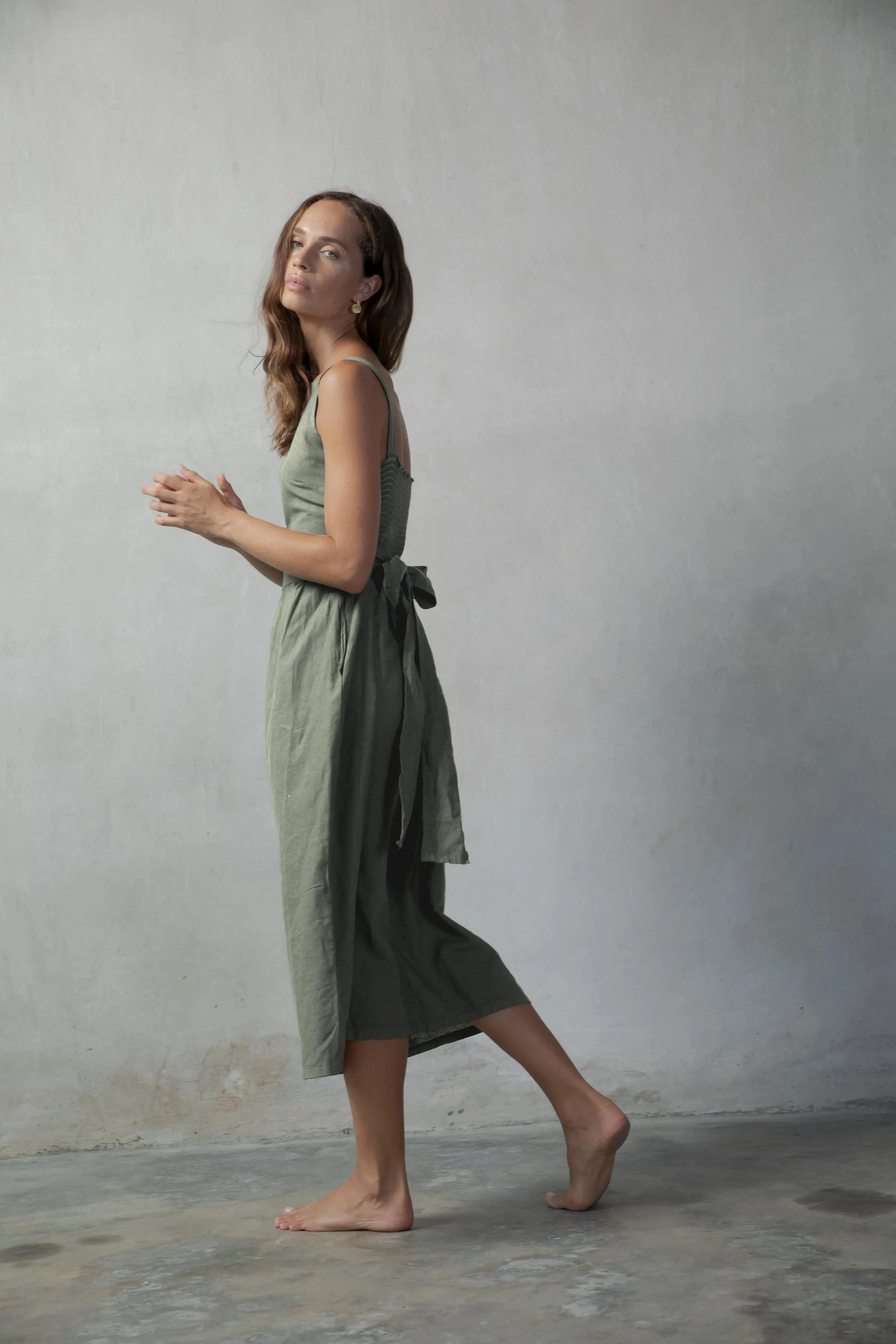 Farfalla Linen Midi Dress Khaki