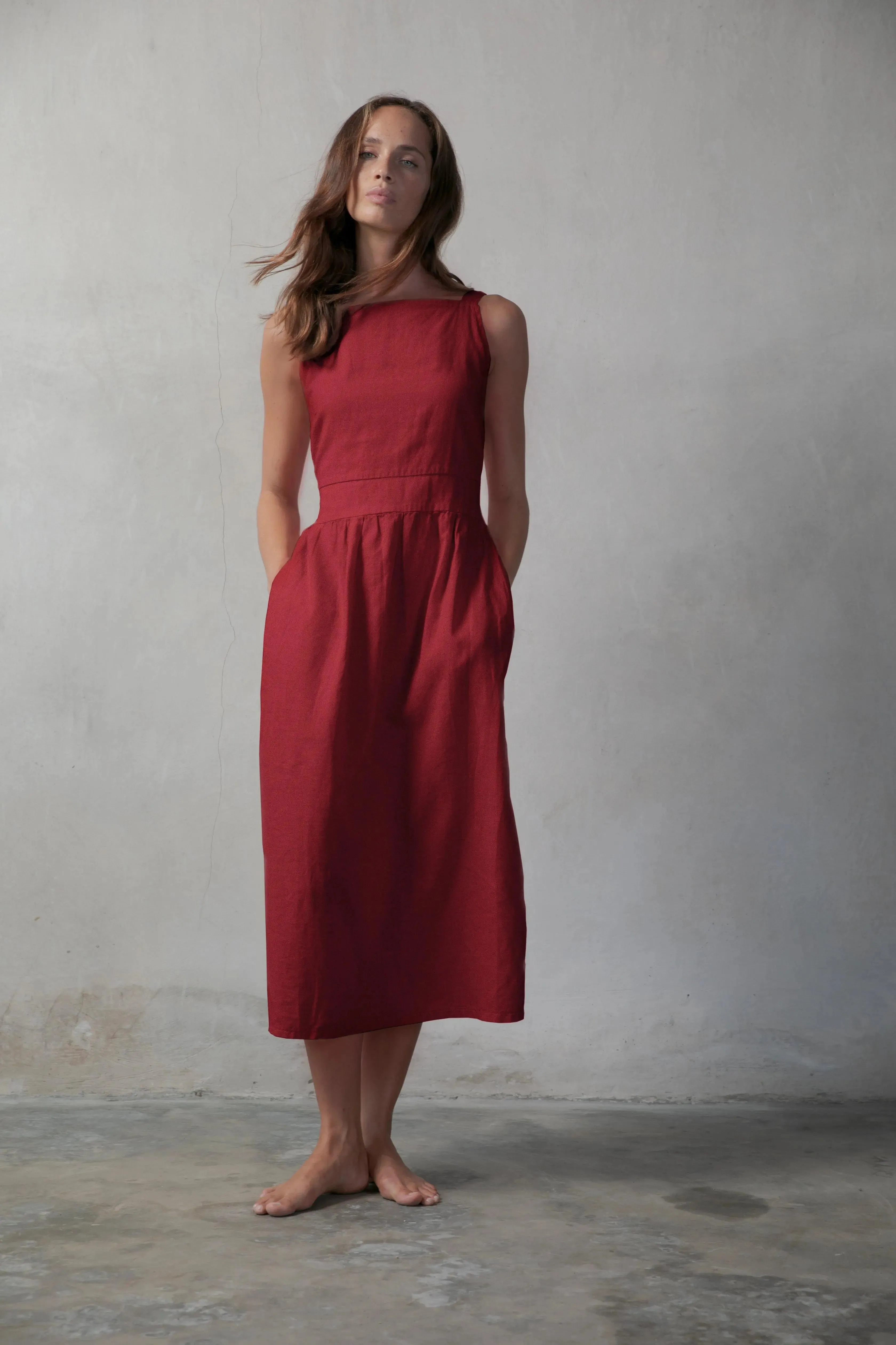 Farfalla Linen Midi Dress Red Bordeaux