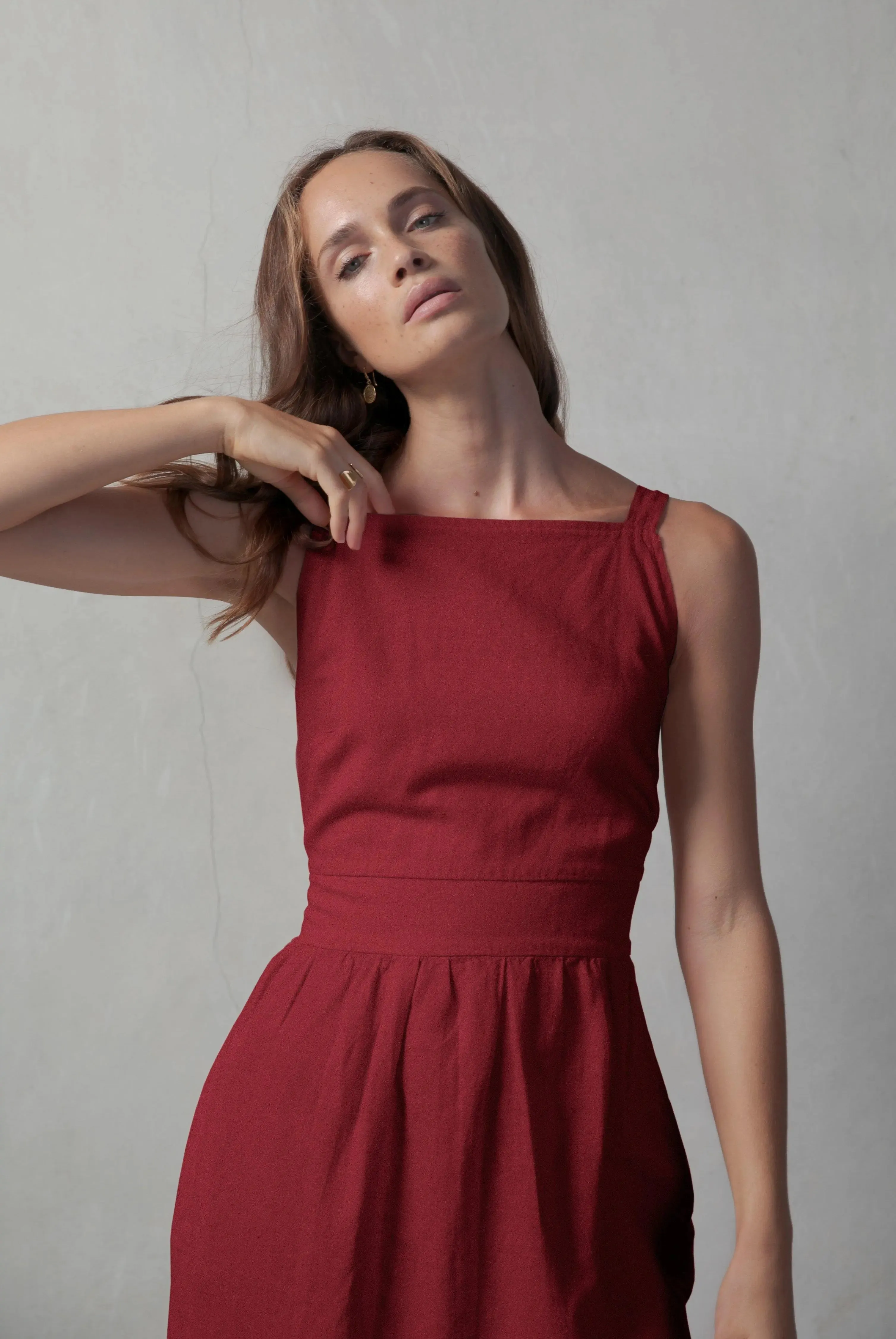 Farfalla Linen Midi Dress Red Bordeaux