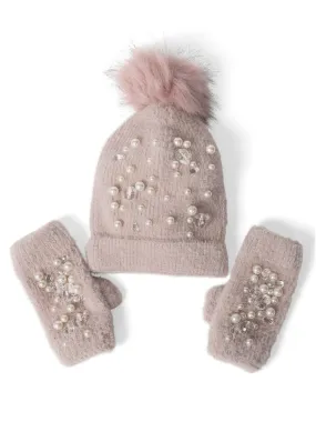 Faux Fur Pearl Beanie & Gloves Set - Pale Pink