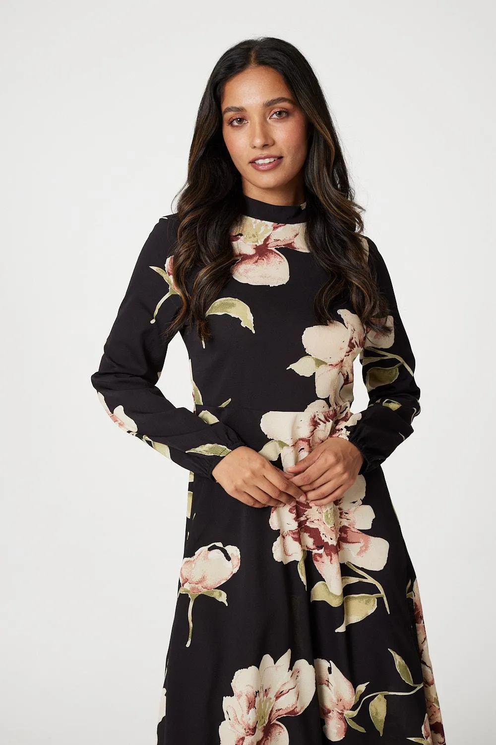 Floral Long Sleeved Midi Tea Dress