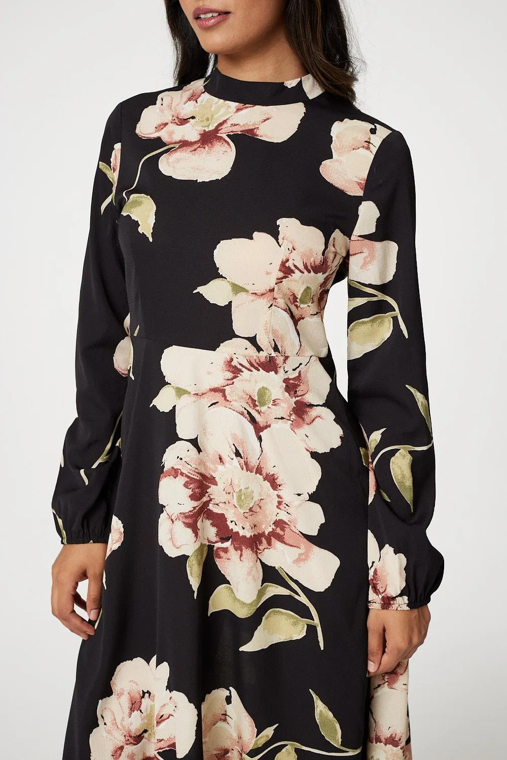 Floral Long Sleeved Midi Tea Dress