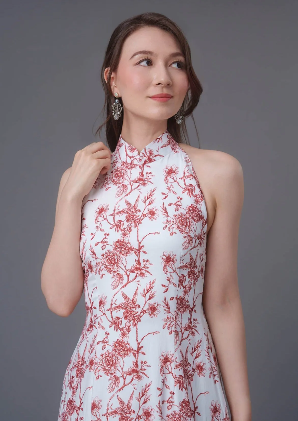 Floral Print Midi Qipao Dress (White/ Red)