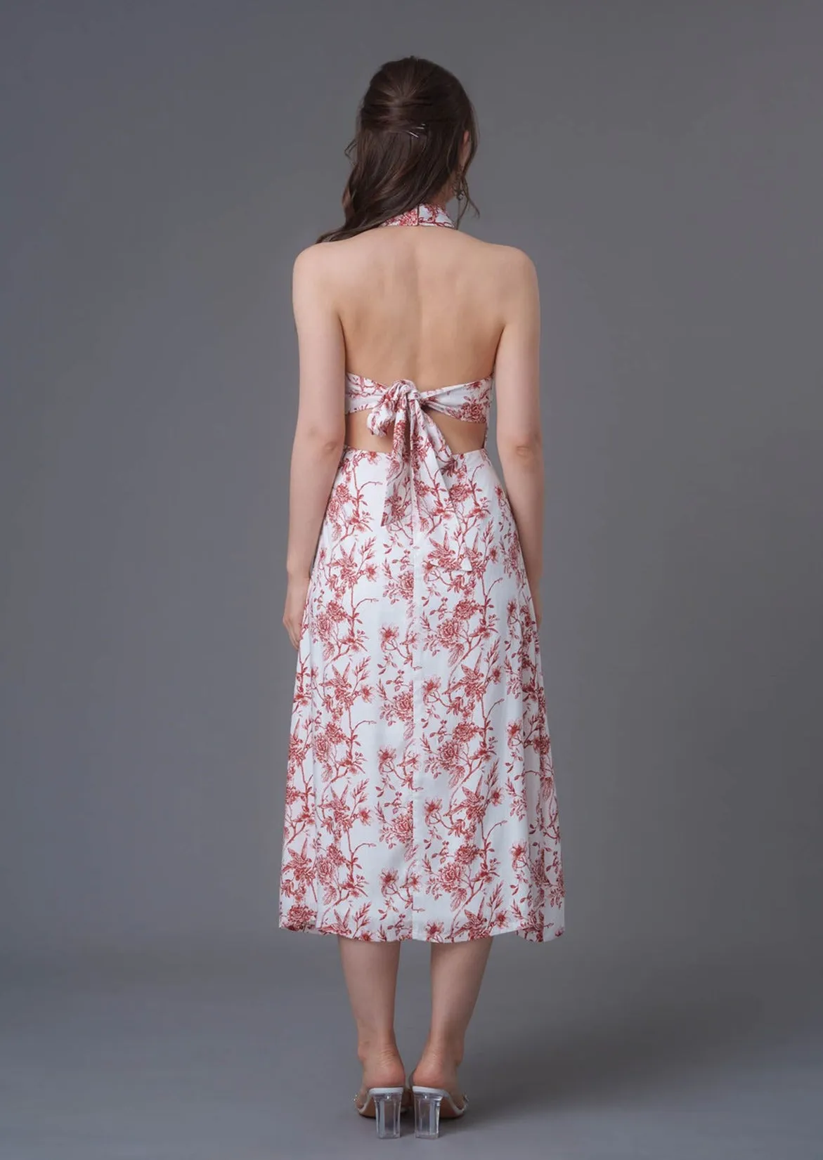 Floral Print Midi Qipao Dress (White/ Red)