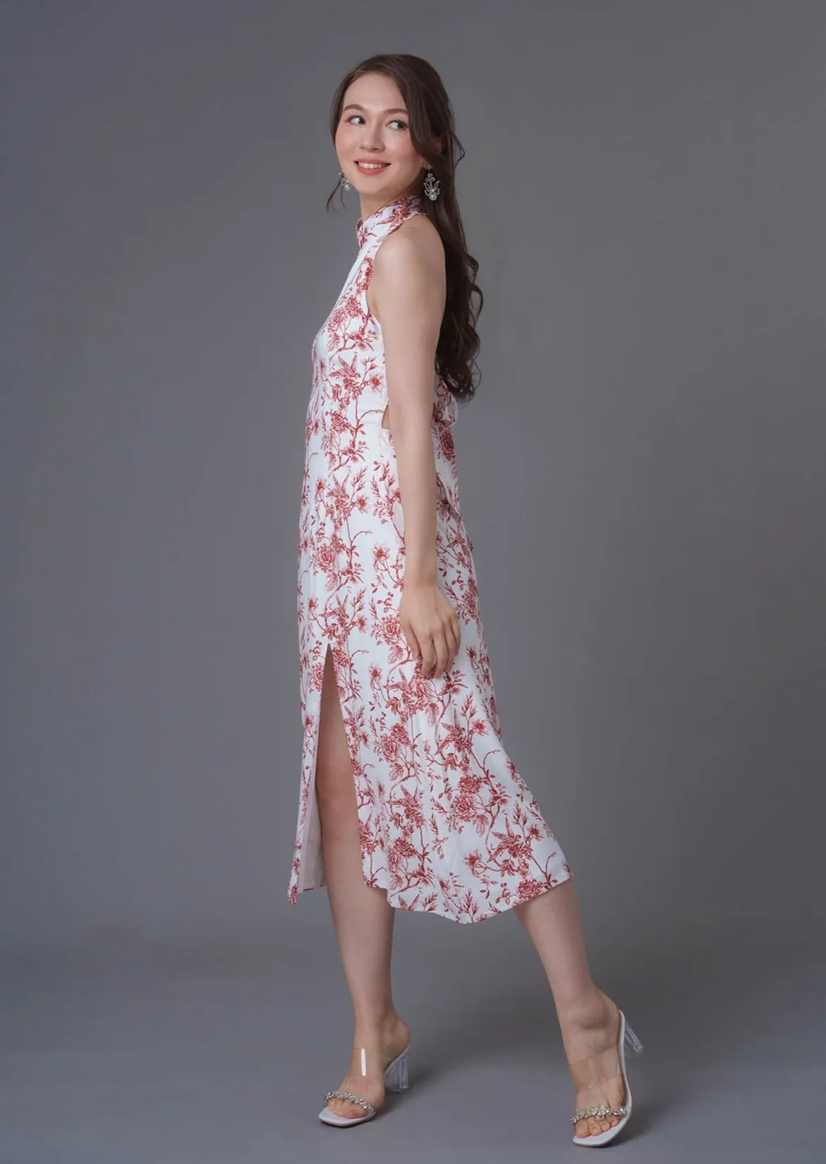 Floral Print Midi Qipao Dress (White/ Red)