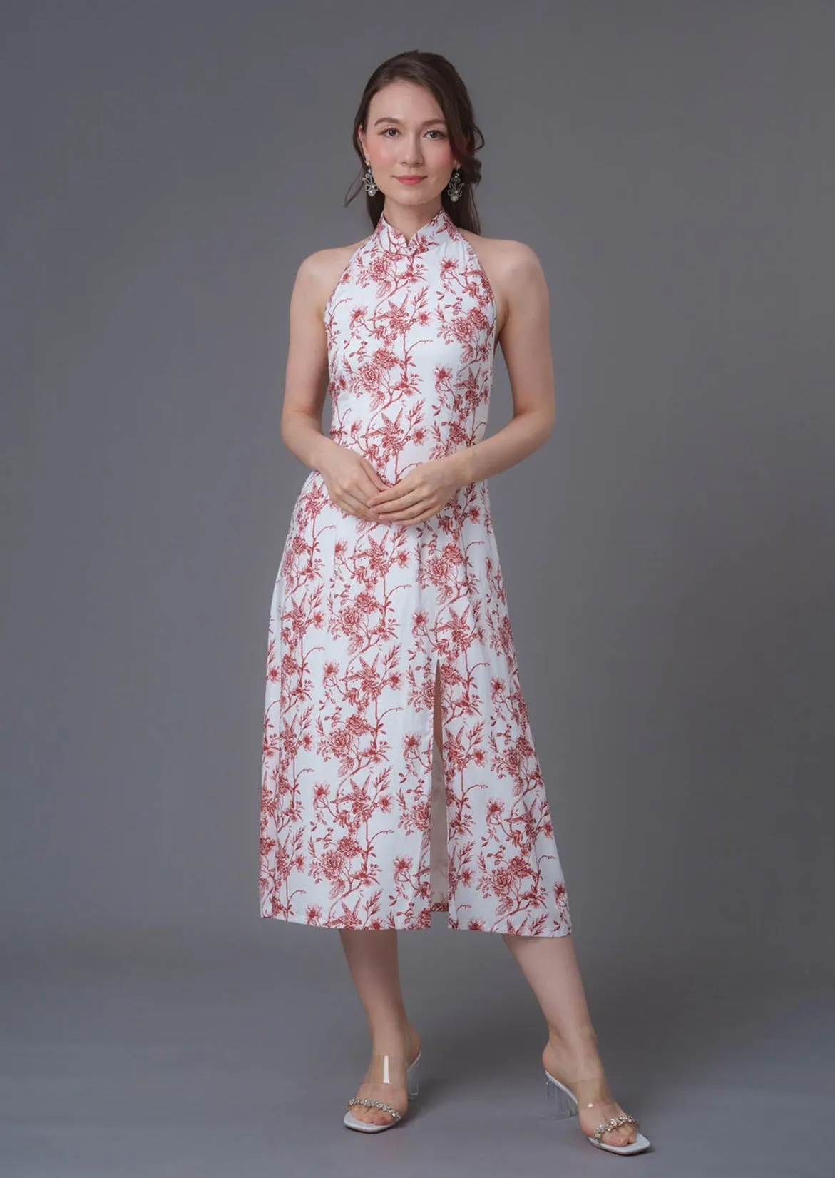 Floral Print Midi Qipao Dress (White/ Red)