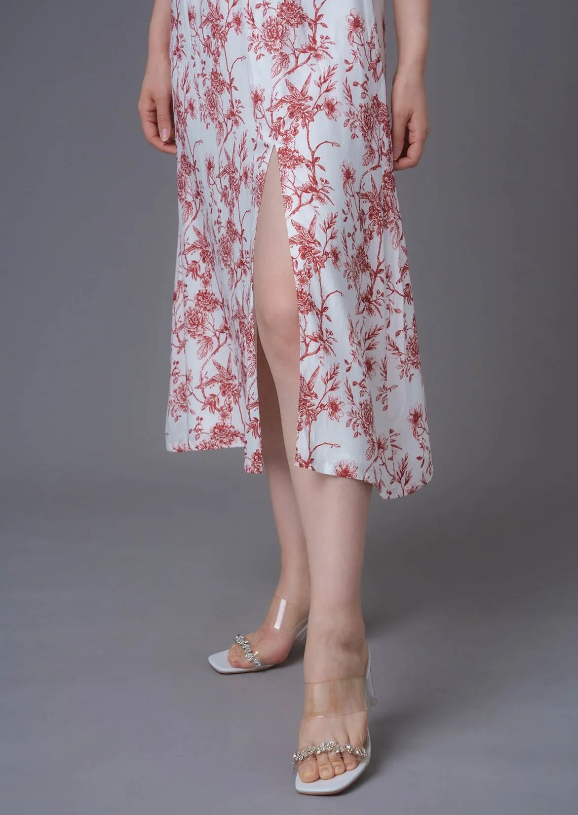 Floral Print Midi Qipao Dress (White/ Red)