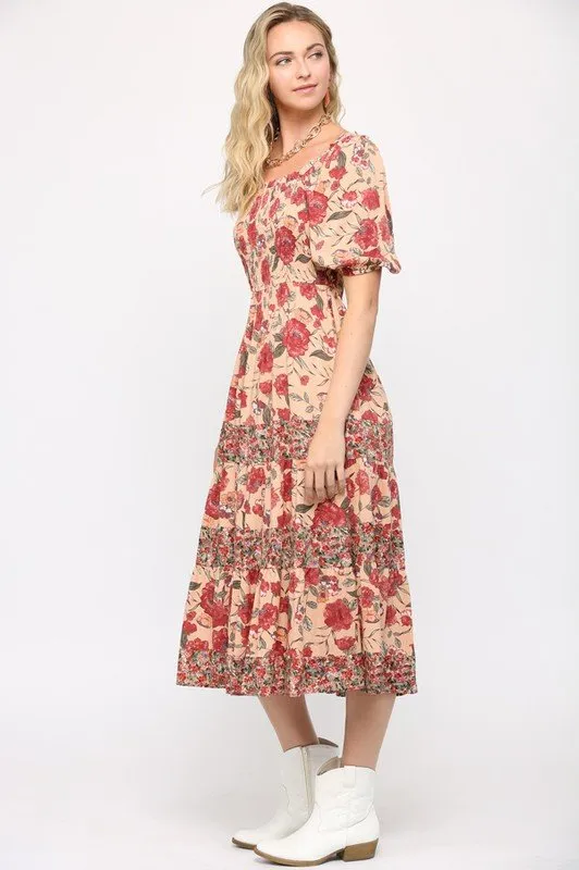 Floral Print Mixed and Smocked Bodice Midi Dress with Square Neck