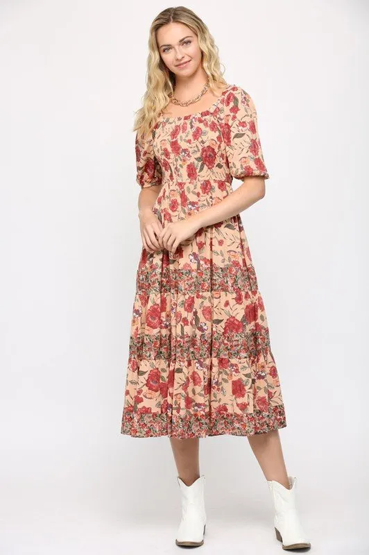 Floral Print Mixed and Smocked Bodice Midi Dress with Square Neck