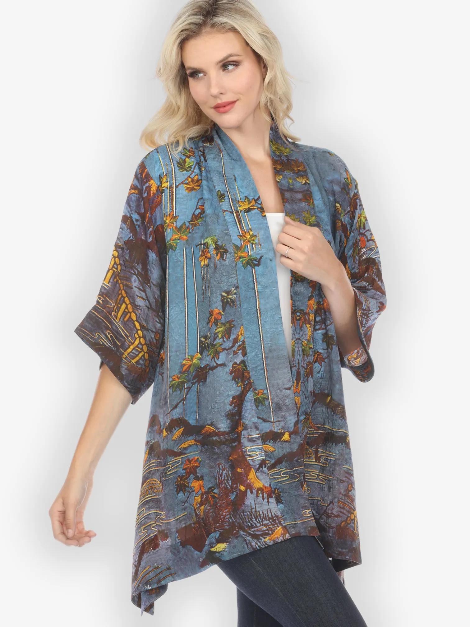 Flowers Over Water Silk Blend Kimono Jacket